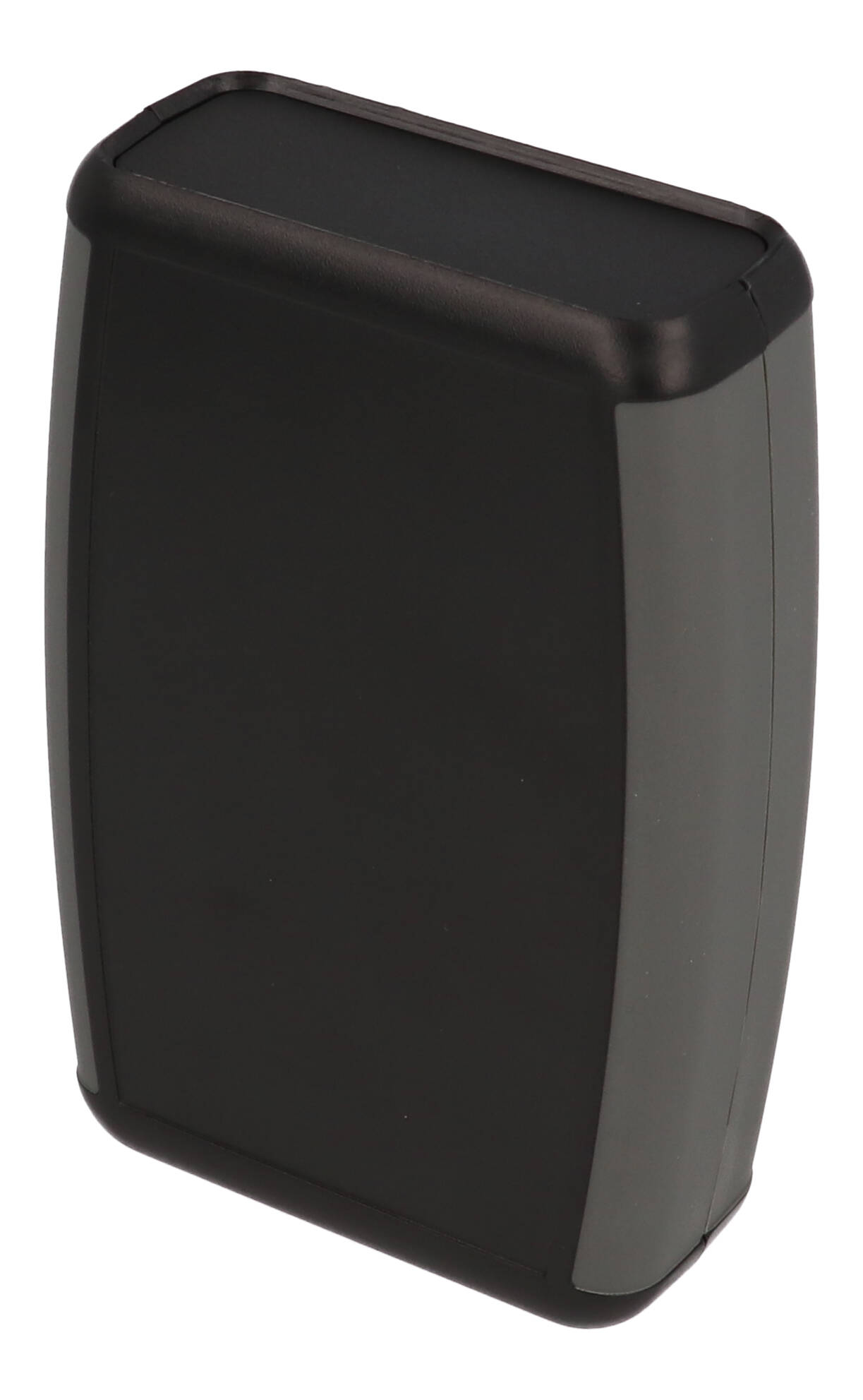 1553CBKBAT black handheld enclosure with grey overmold and battery door
