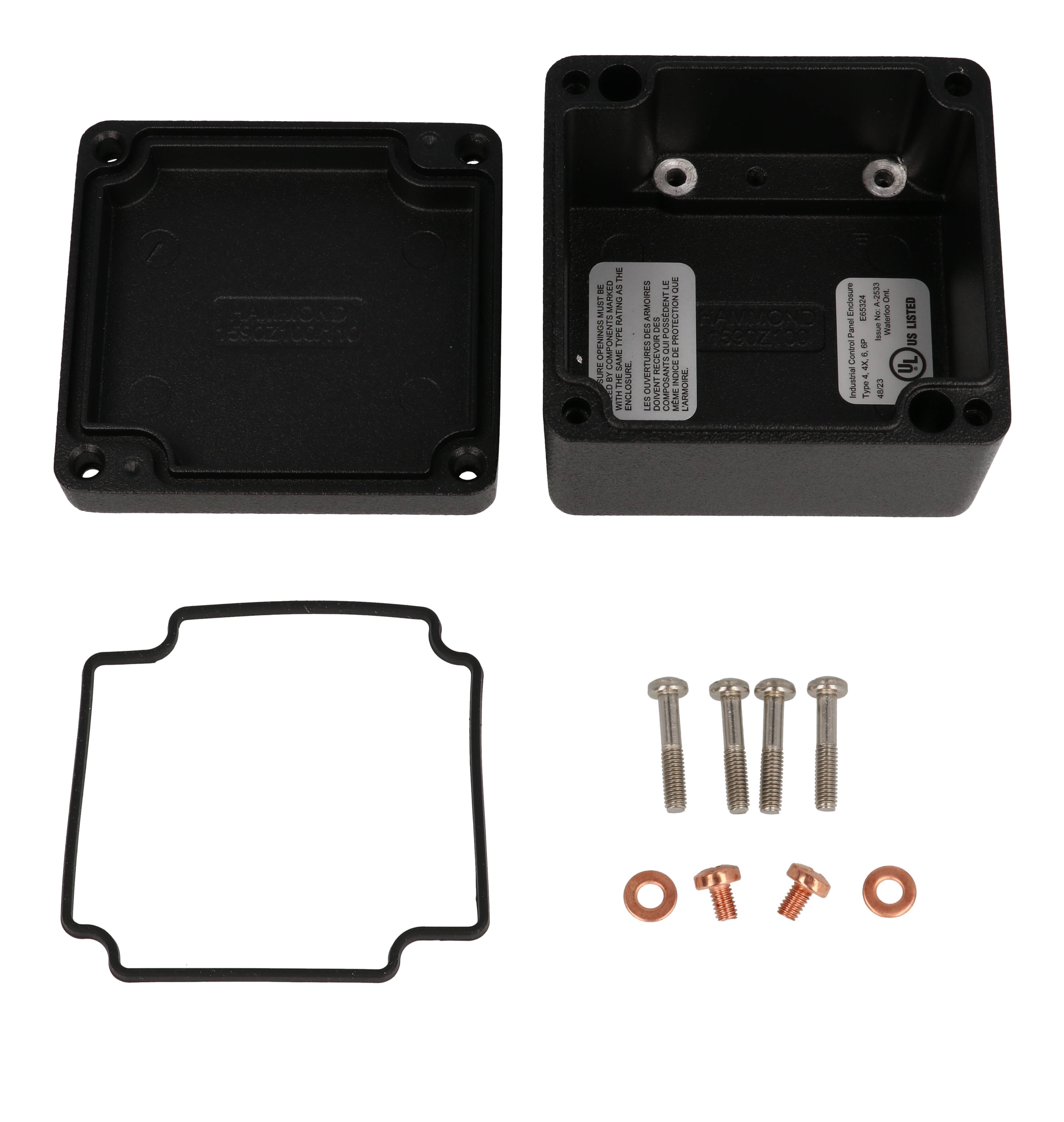1590Z100BK textured black 80 x 75 x 52 mm heavy-duty diecast aluminum enclosure with four recessed lid screws