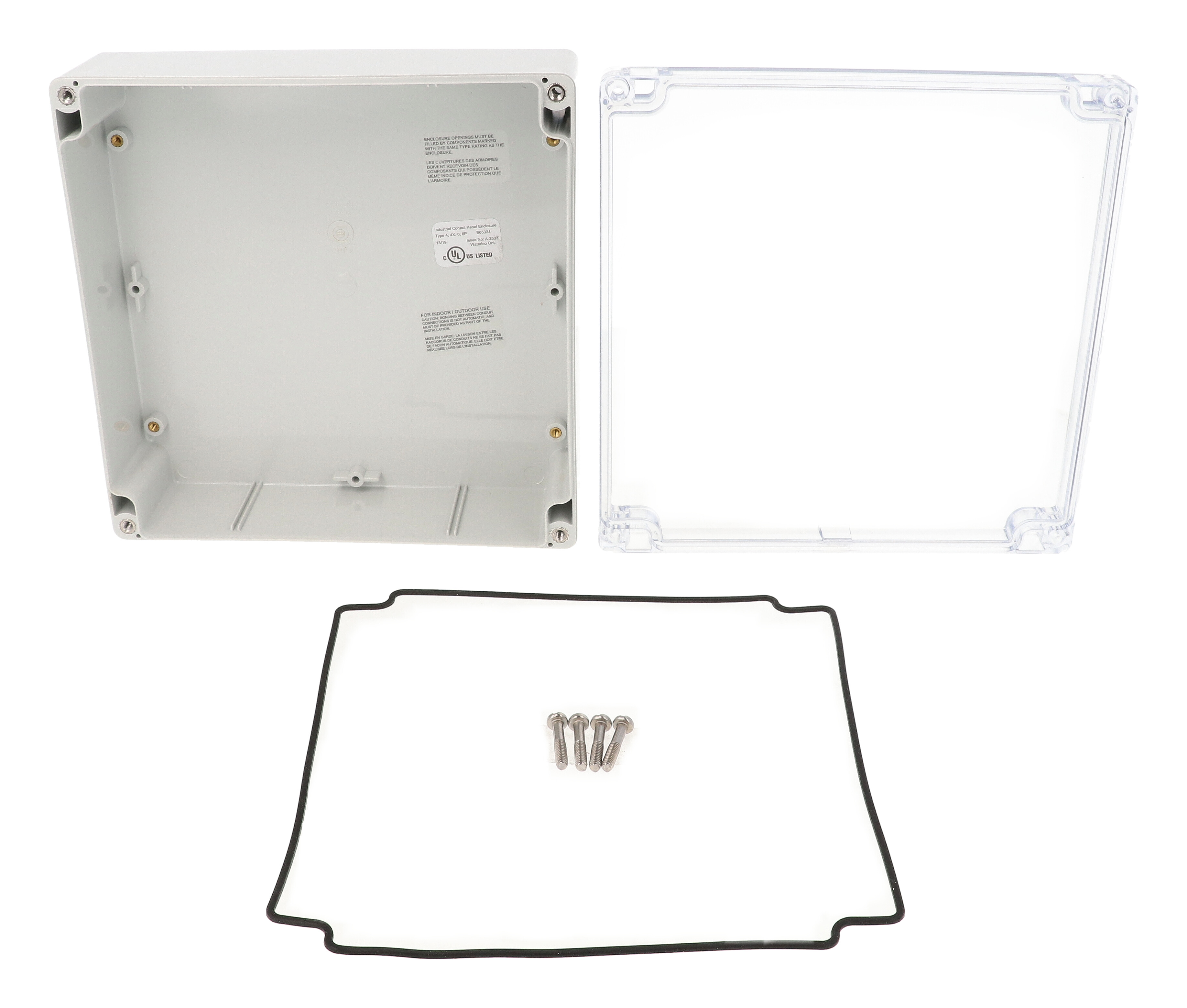 1554W2GYCL square gray polycarbonate enclosure with clear screw cover lid, 180 x 180 x 60 mm