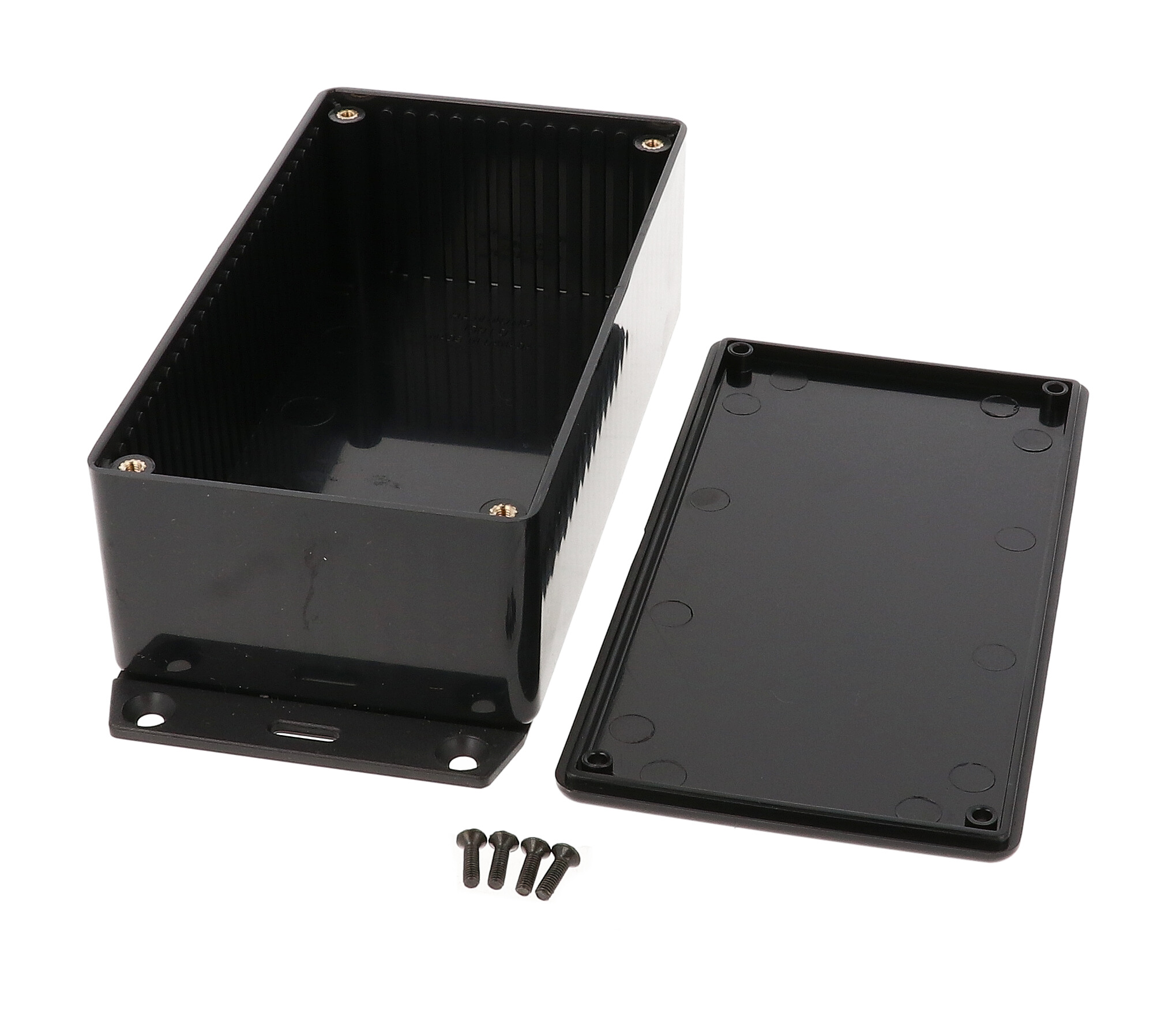 1591DF2BK black flame retardant ABS enclosure with bottom mounting flange, 150 x 80 x 50 mm