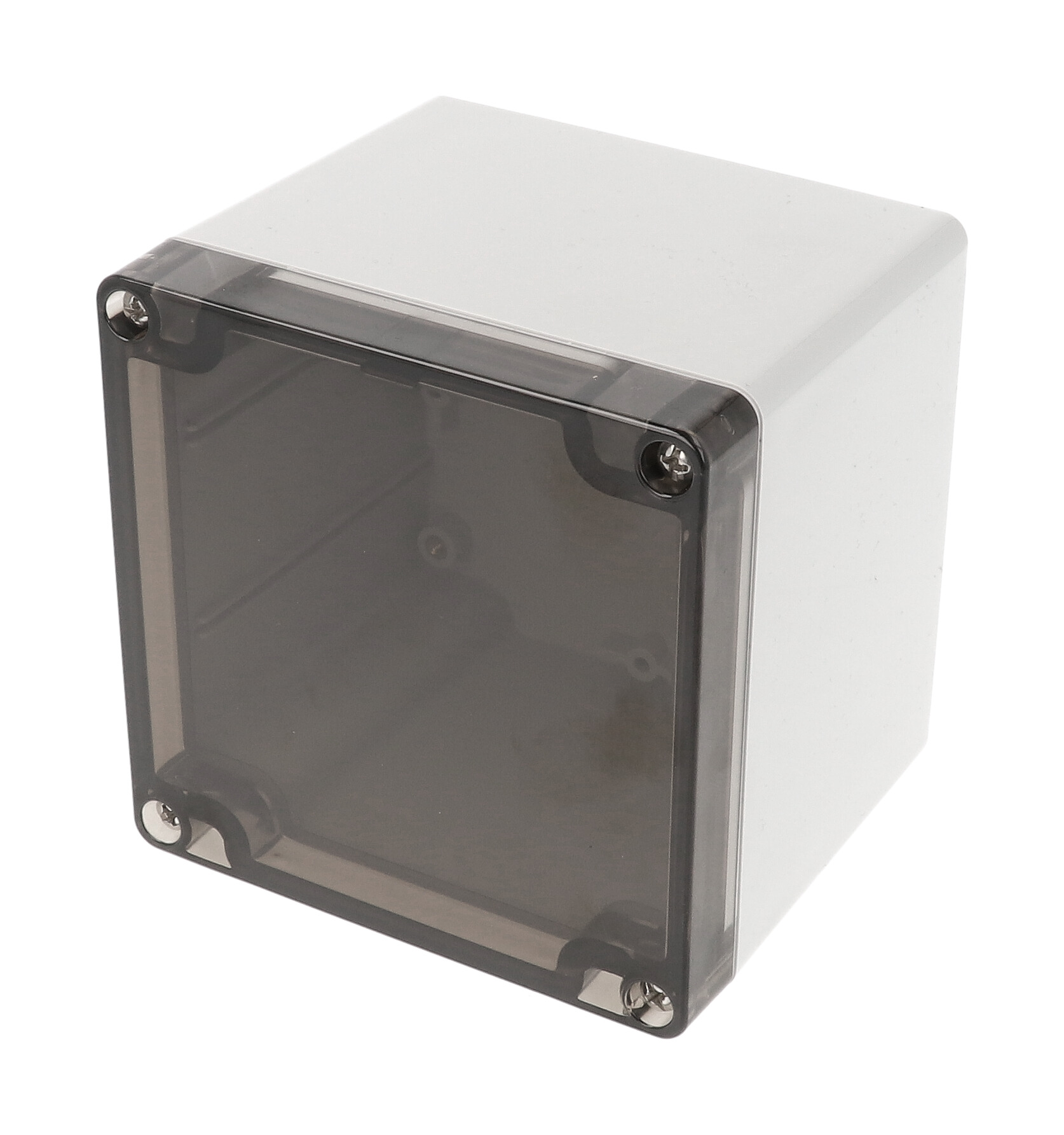 1554LA2GYSL deep square gray polycarbonate enclosure with smoked lid, 105 x 105 x 90 mm
