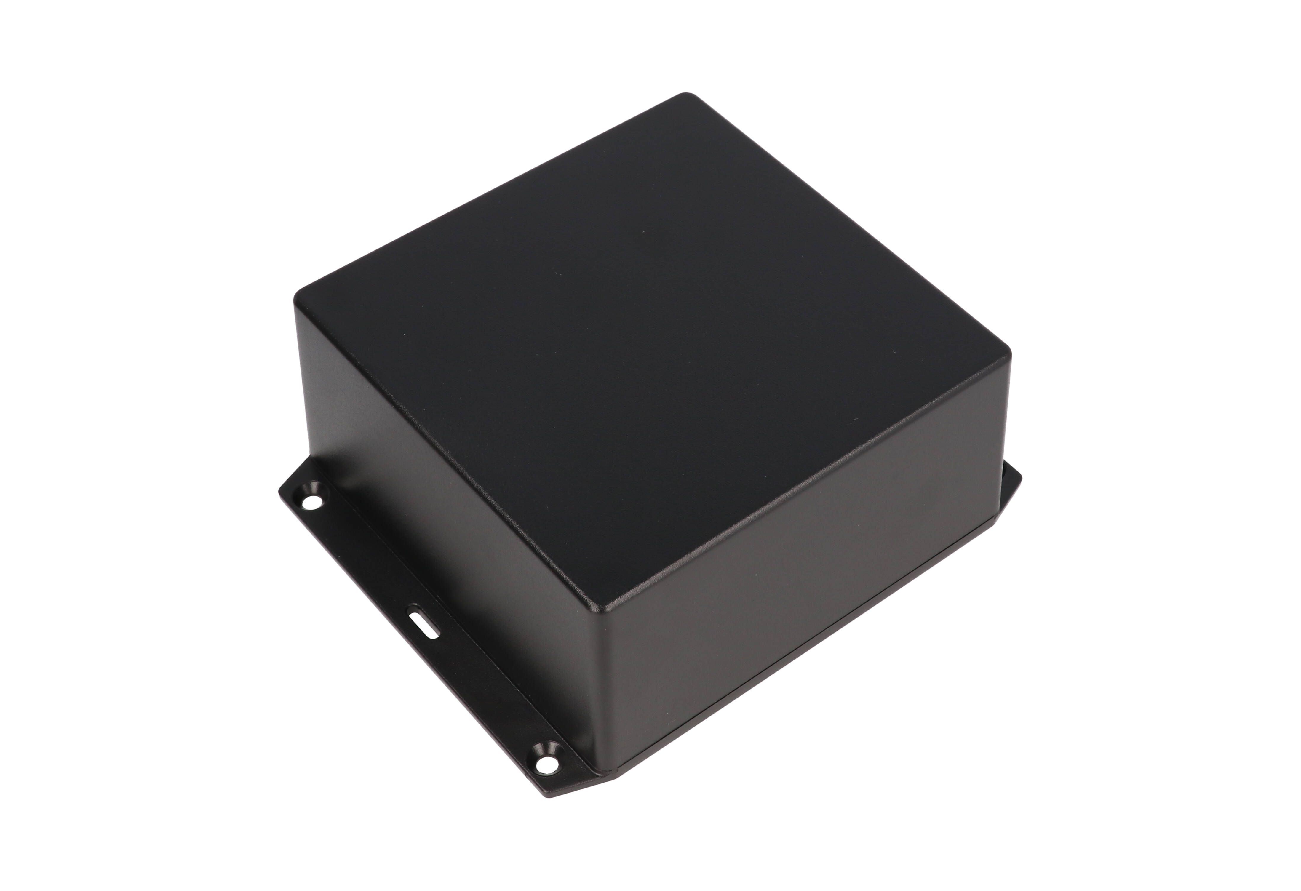 1591XXUFLBK black ABS plastic flanged-lid enclosure with PC board standoffs, 124 x 124 x 60 mm