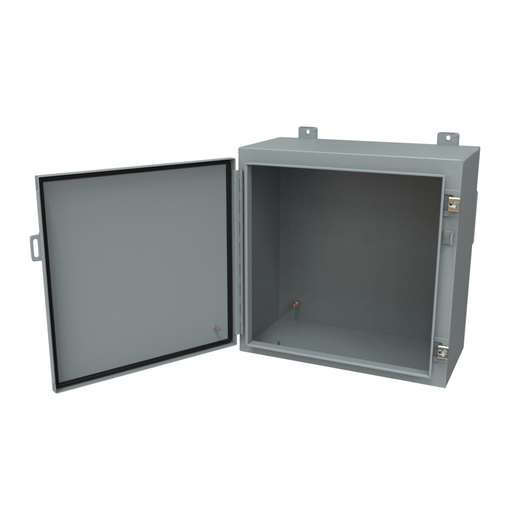1418D10LP 20 x 20 x 10 in gray steel NEMA 4/12 wallmount enclosure with stainless steel clamps and continuous hinge door