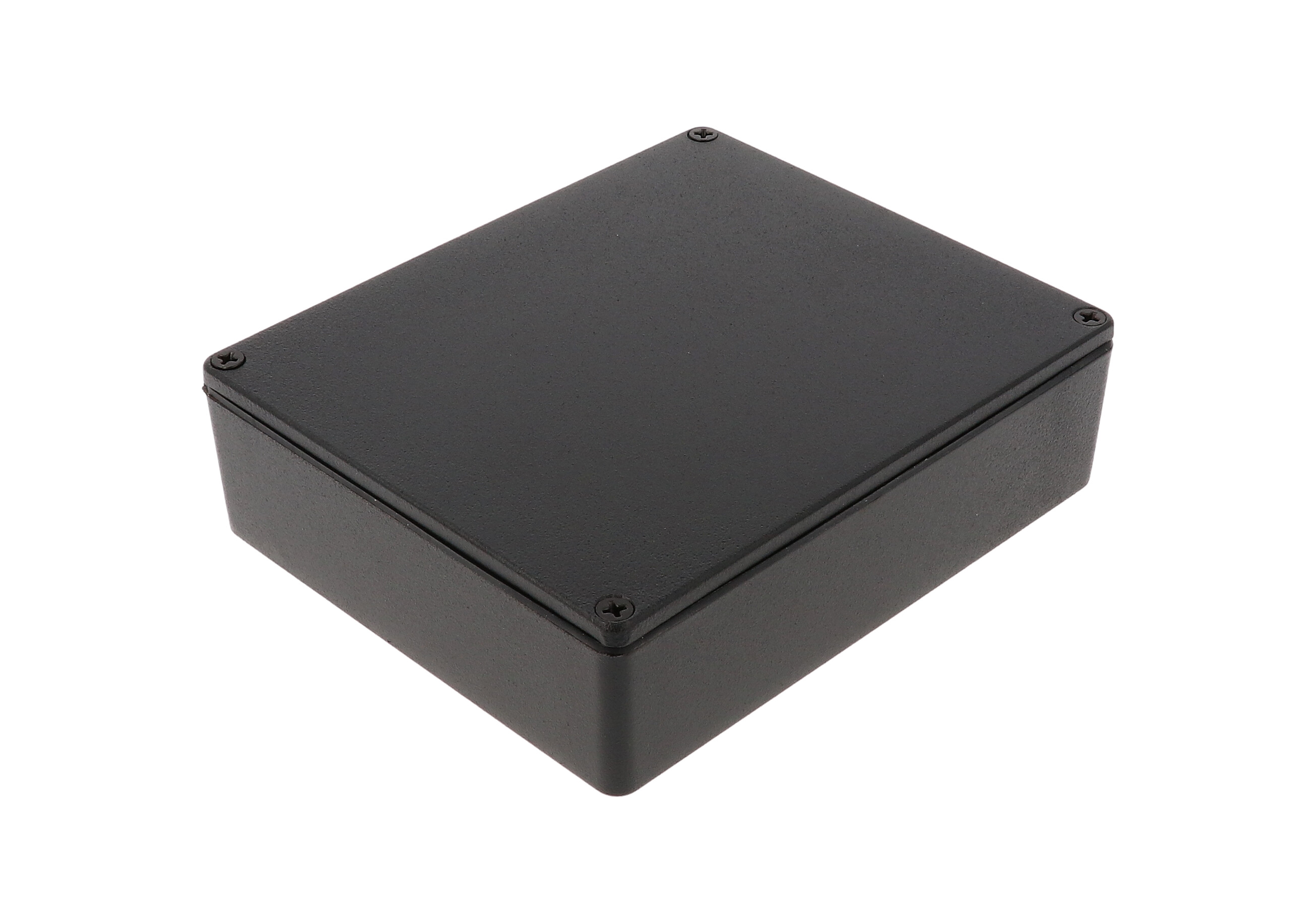 1590WXXBK black textured watertight diecast aluminum enclosure without mounting flanges, 145 mm x 121 mm x 39 mm
