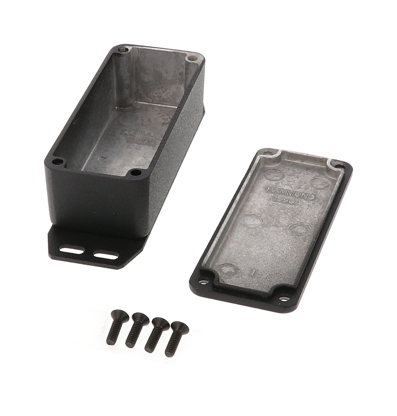 1590AFBK textured black diecast aluminum enclosure with flanged bottom plate