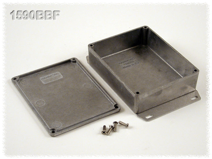 1590BBF natural finish diecast aluminum enclosure with welded bottom mounting flange