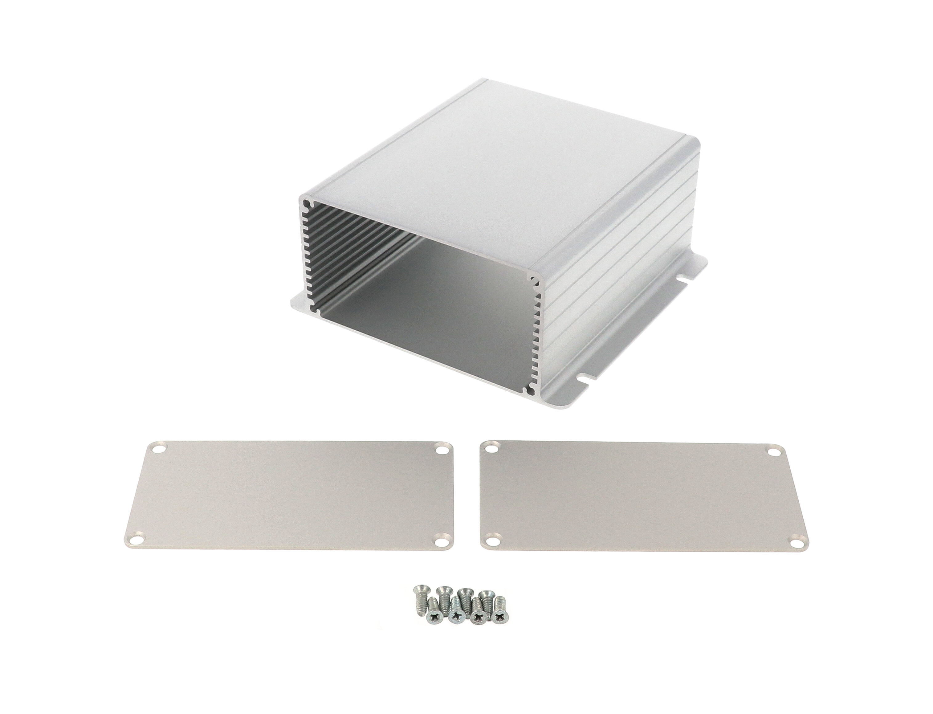 1455NF1201 clear anodized extruded aluminum enclosure with integrated slotted mounting flanges