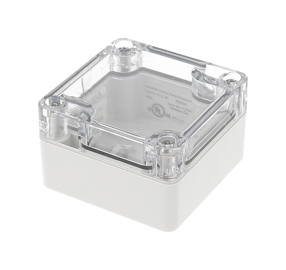 1554B2GYCL polycarbonate enclosure with clear lid, 65 x 65 x 41 mm