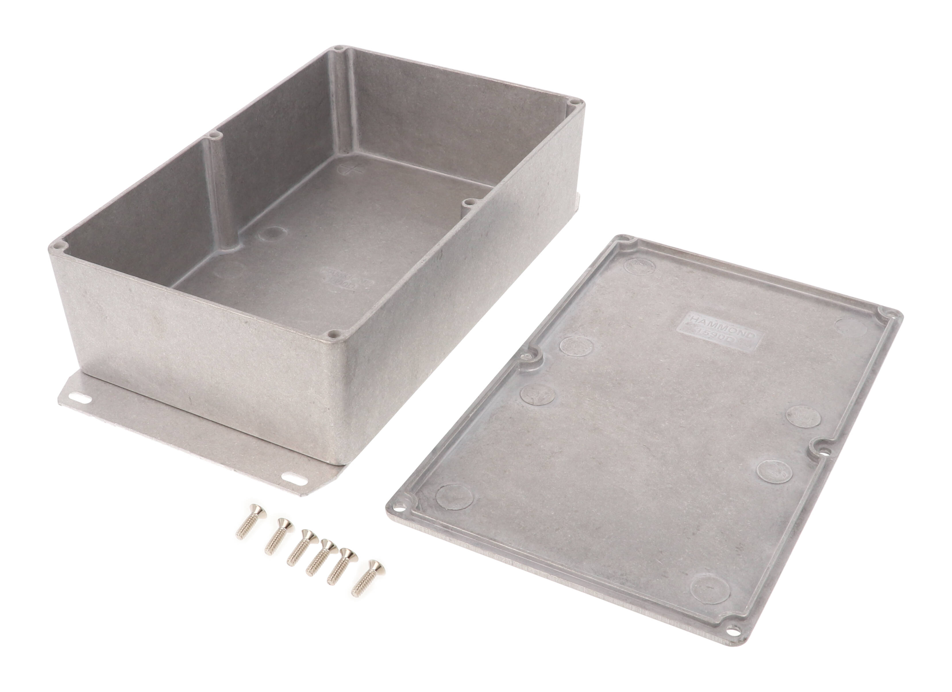 1590DF natural diecast aluminum enclosure with welded flanged bottom plate, 188 x 119 x 56 mm
