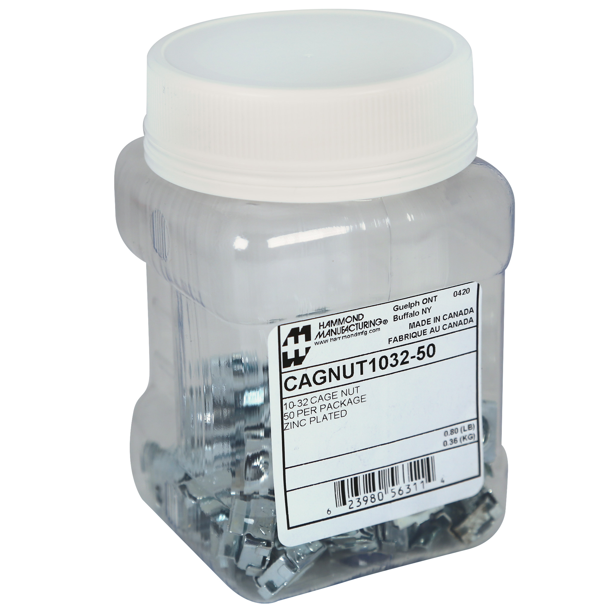Hammond CAGNUT1224-100 jar of 100 zinc-plated 12-24 spring steel cage nuts for square-hole rack rails