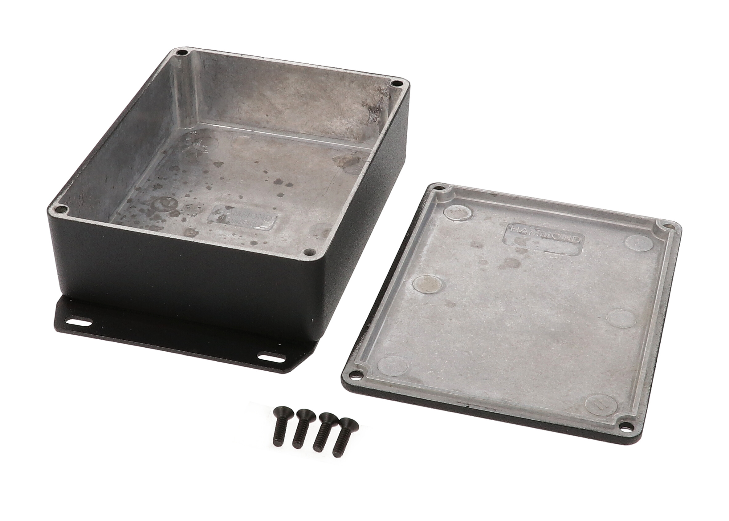 1590BB2FBK black textured diecast aluminum enclosure with welded bottom mounting flange