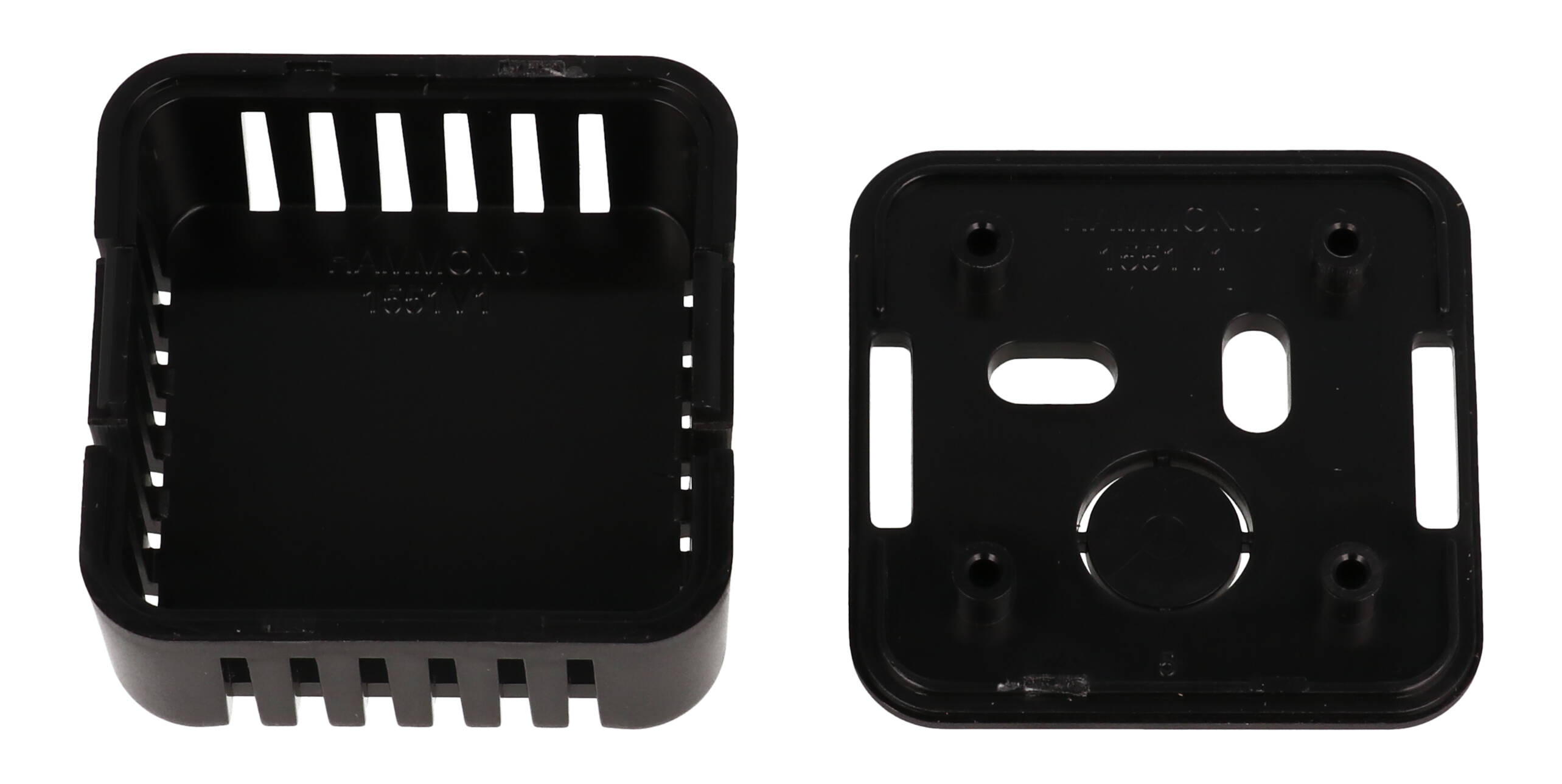 1551V1BK black vented square ABS snap-fit miniature enclosure, 40 x 40 mm x 20 mm