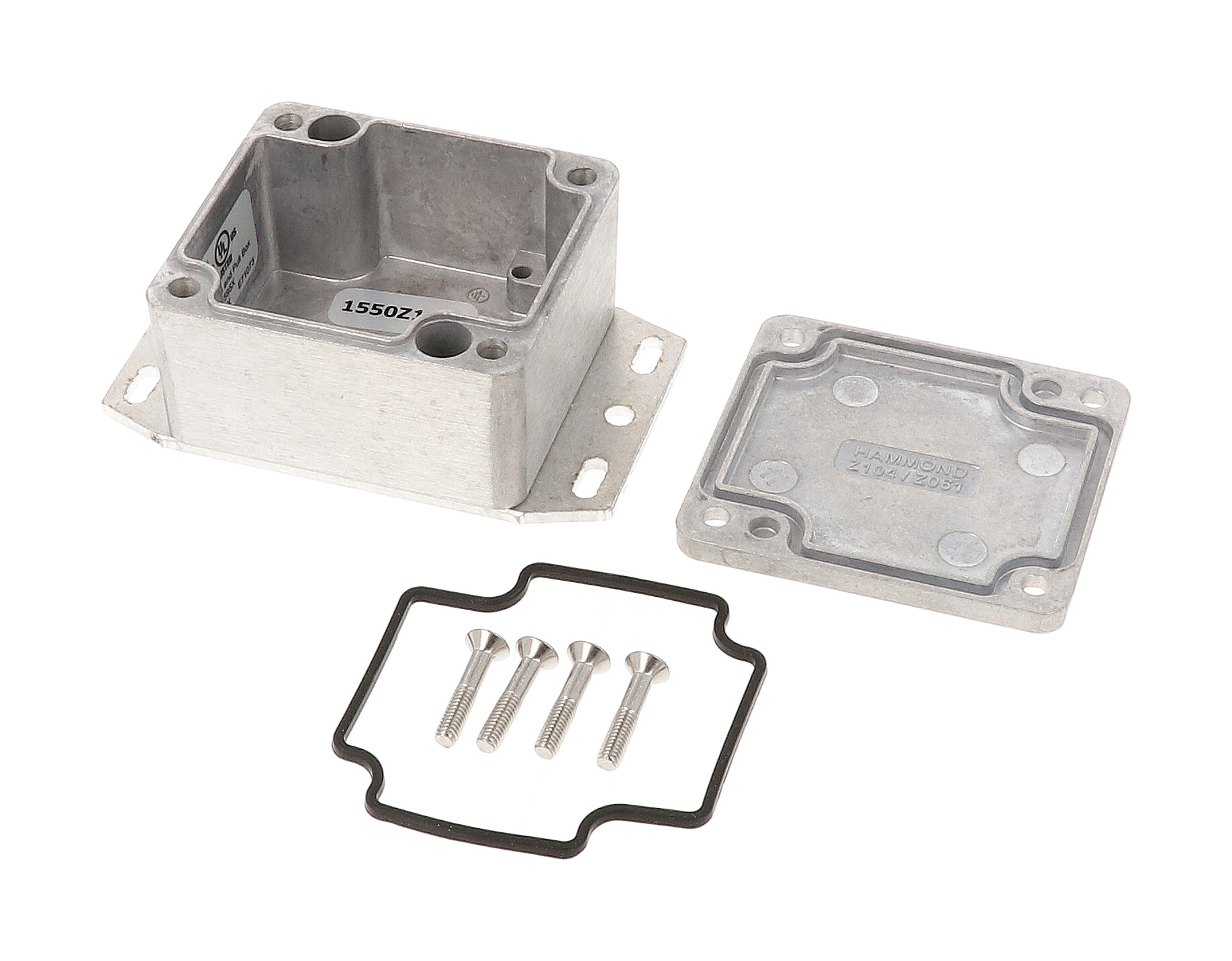 1550Z104F unpainted natural aluminum watertight diecast enclosure with flanged base and screw-down lid, 91x58x38 mm