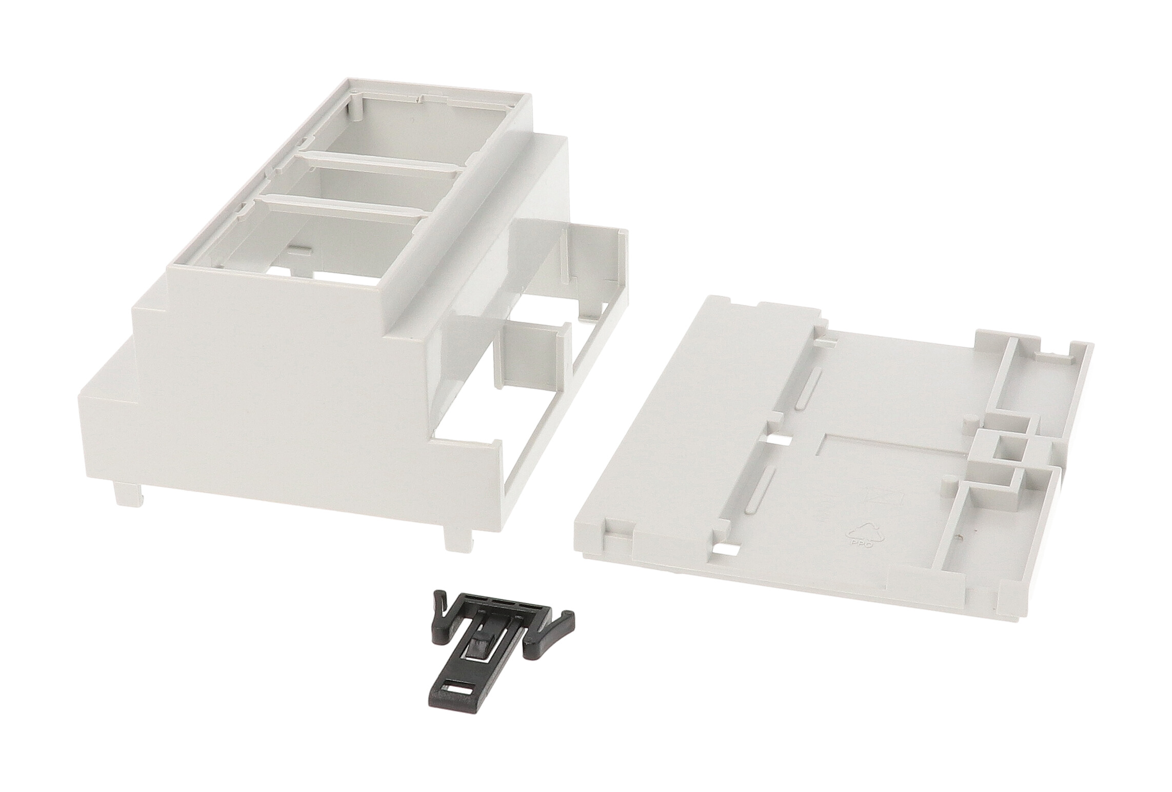1597DIN6MH53 light grey DIN 6 open-top DIN rail enclosure with one terminal side blocked