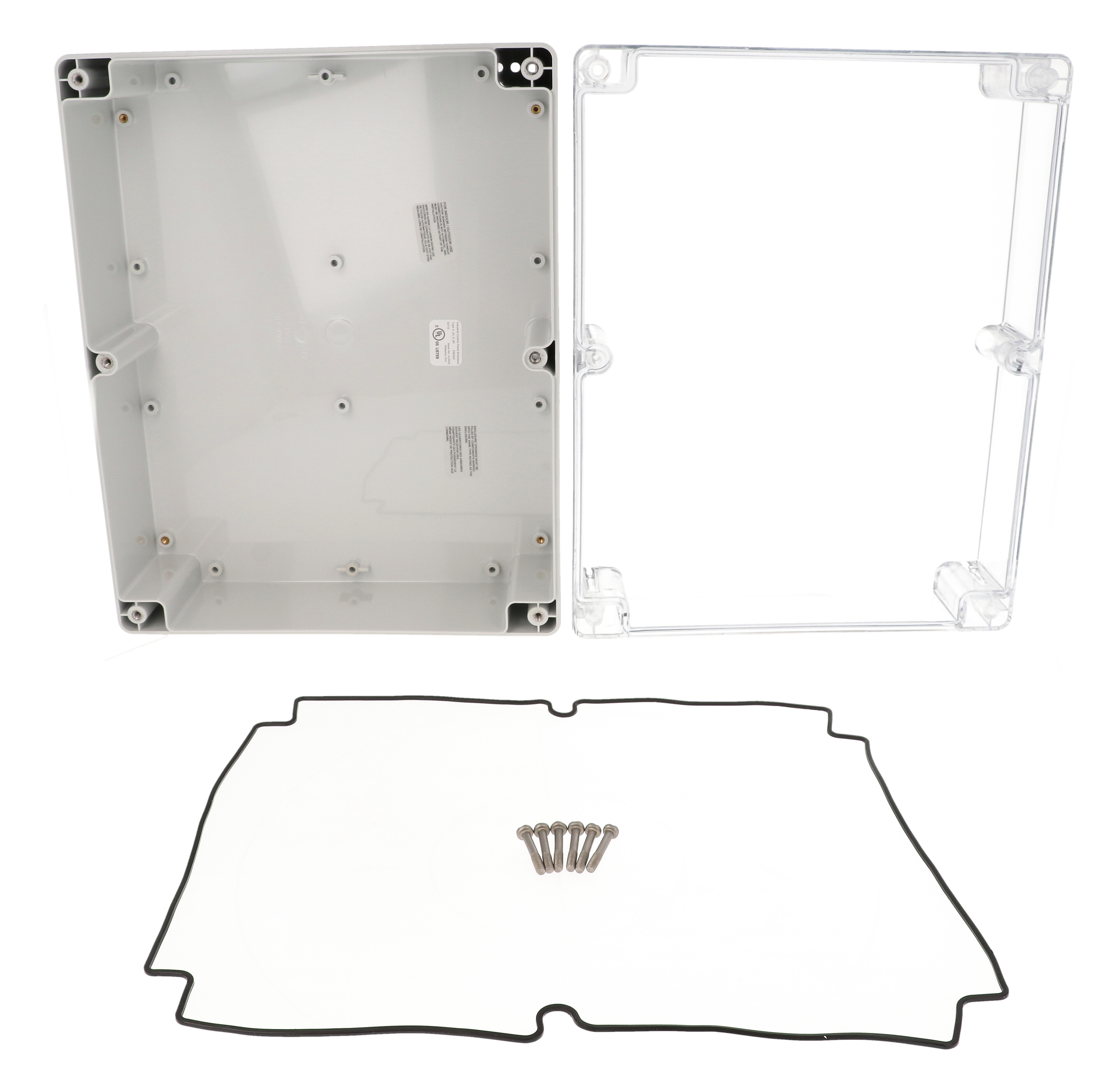 1554YA2GYCL polycarbonate enclosure with clear lid, 300 x 240 x 120 mm, light gray base