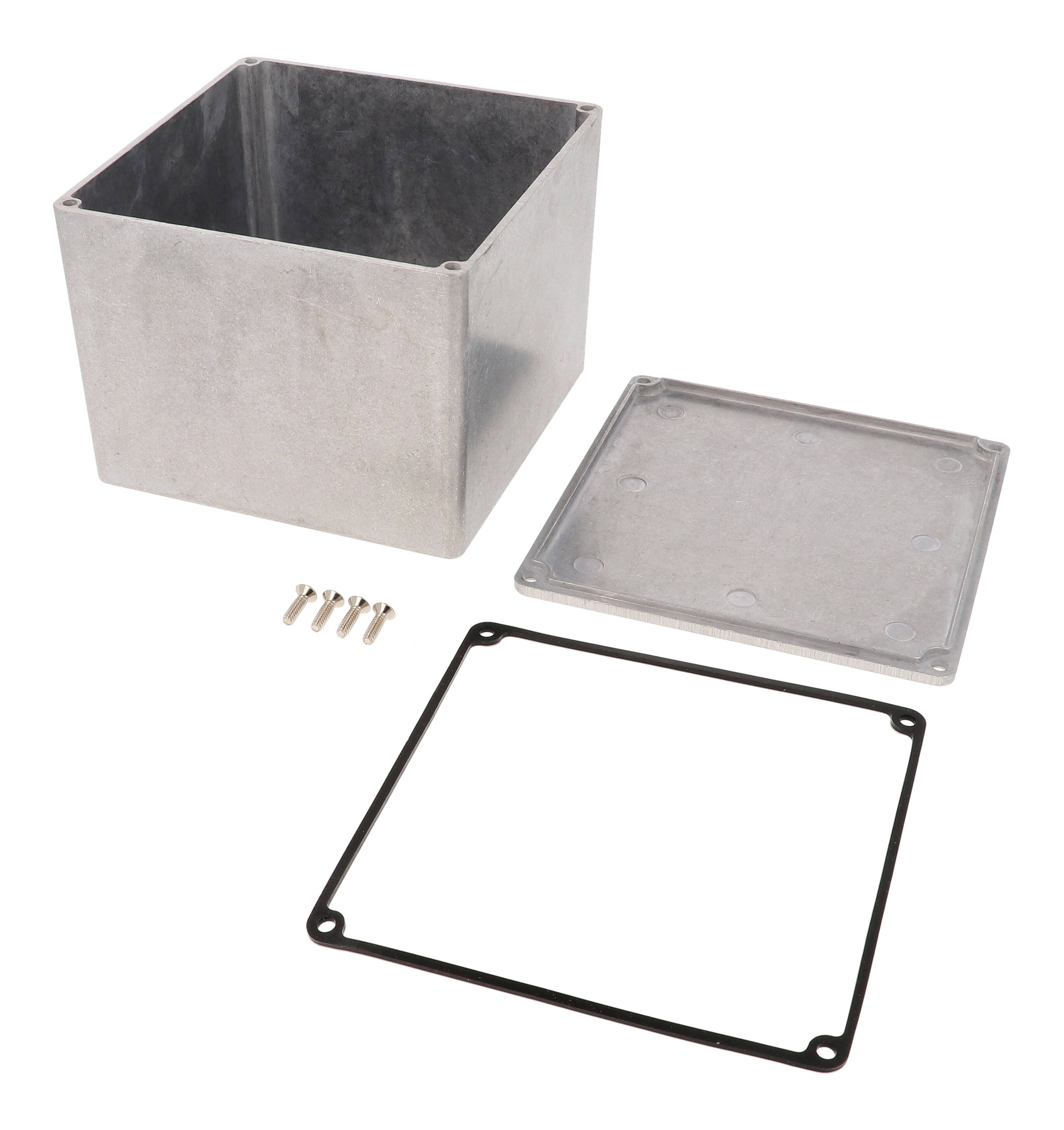 1590WV natural aluminum watertight diecast aluminum enclosure without mounting flanges, 119 mm x 120 mm x 94 mm