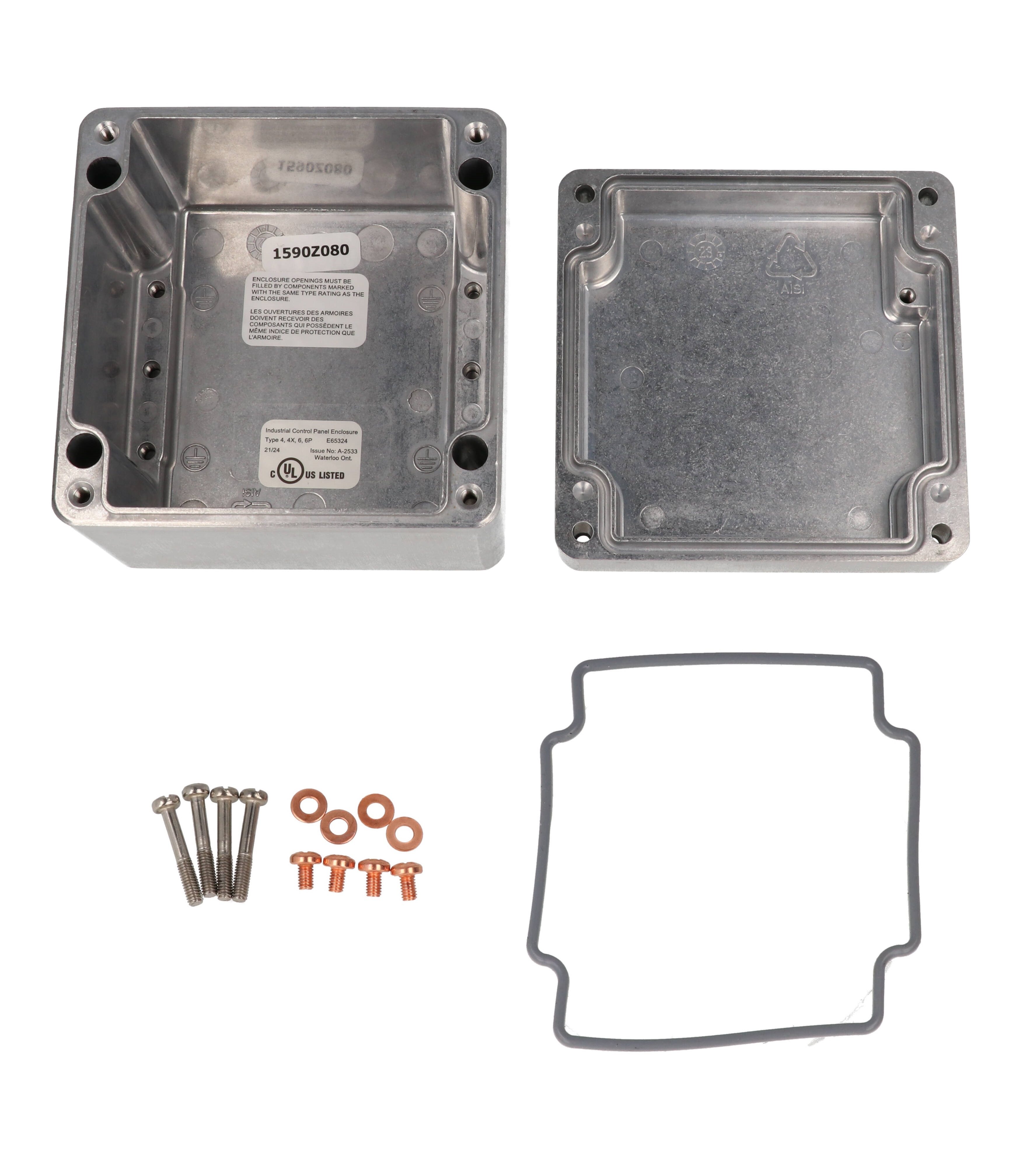 1590Z080 square natural (unfinished) aluminum diecast aluminum enclosure, 100 x 100 x 80 mm, with gasketed lid and four recessed lid screws