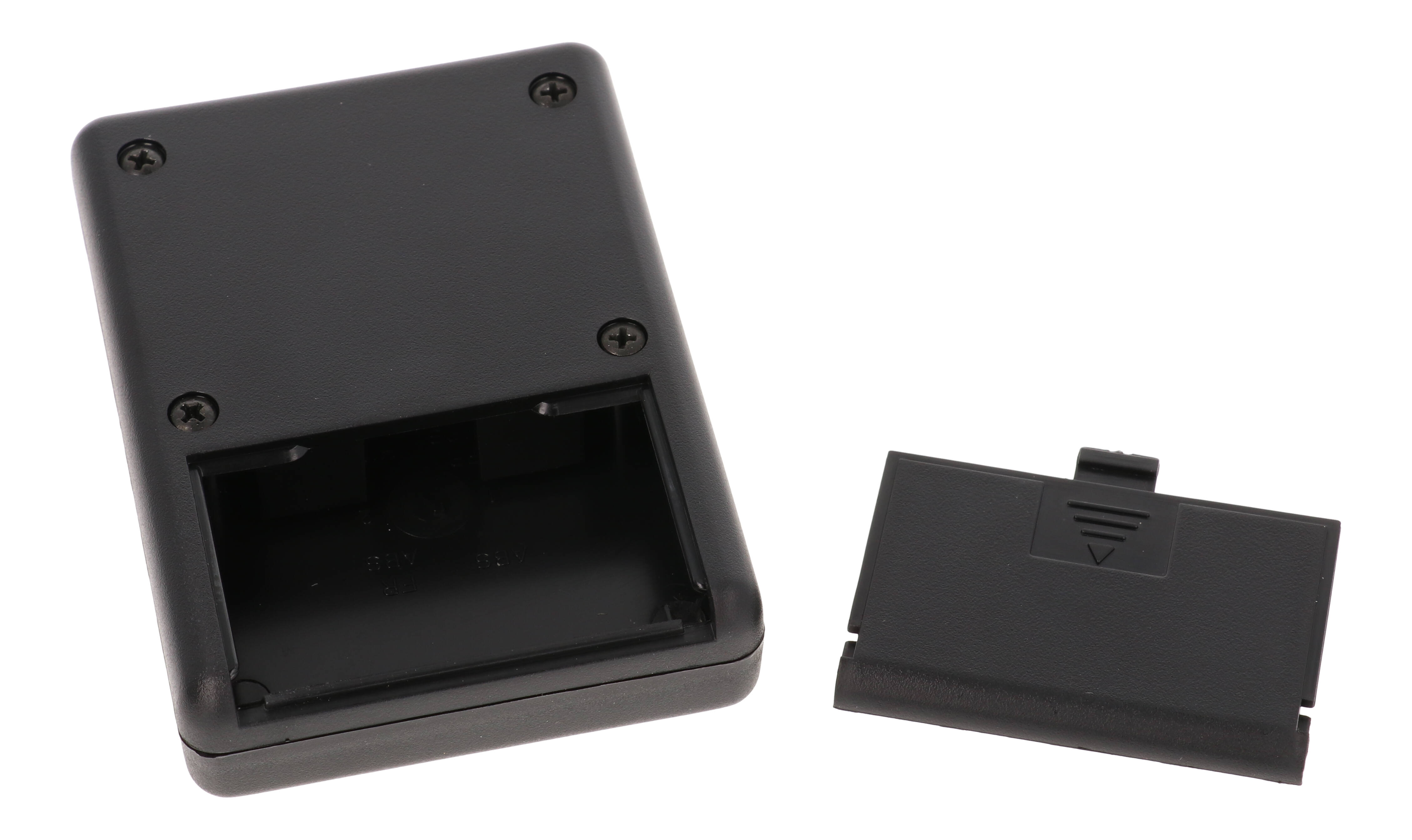 1593SALBK black ABS hand held instrument enclosure, 92 x 66.5 x 21 mm, with aluminum end panel and battery door