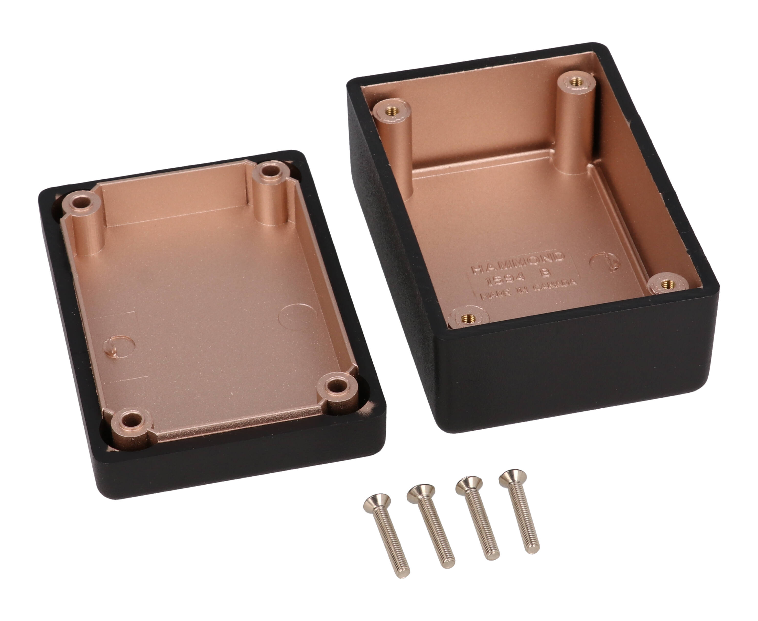 1594RBBK black EMI/RFI shielded ABS enclosure with copper coated interior, 81 x 56 x 28 mm