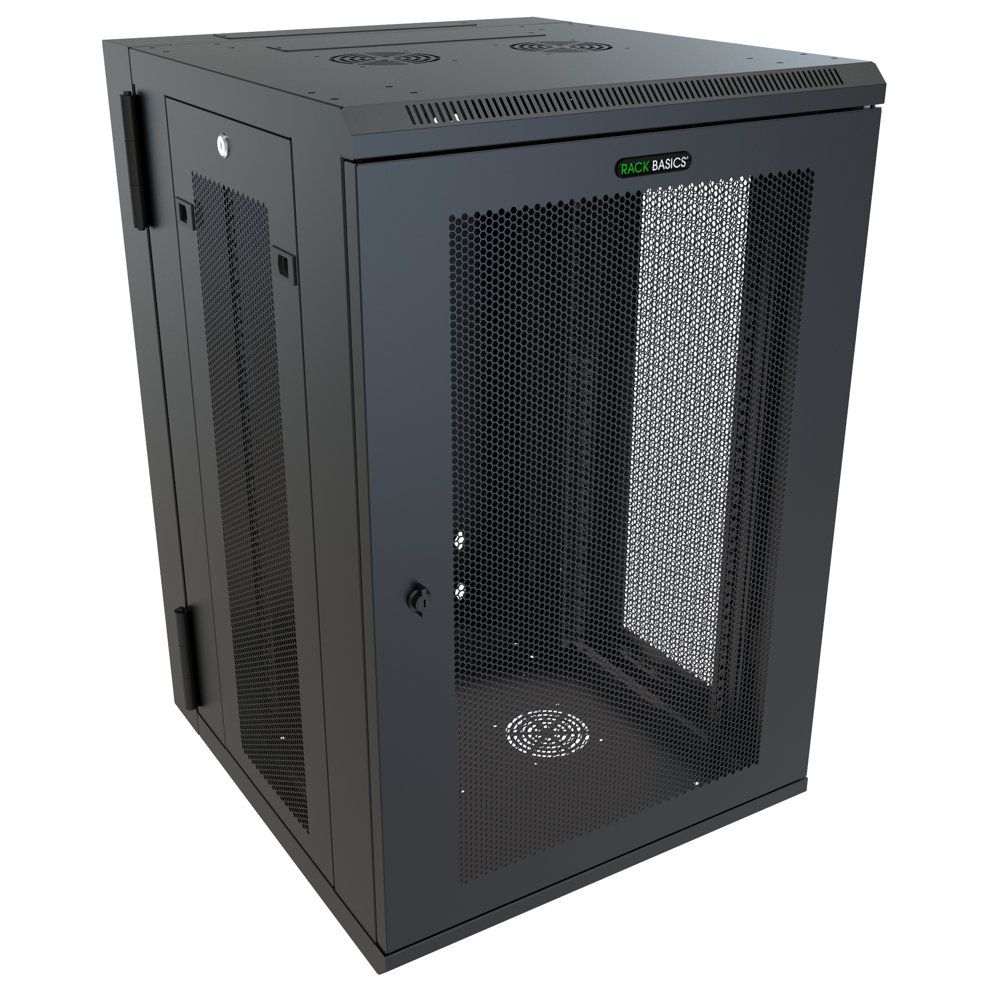 RB-SW18DV 18U swing-out wall-mount rack cabinet in black textured steel with vented locking front door — view 5