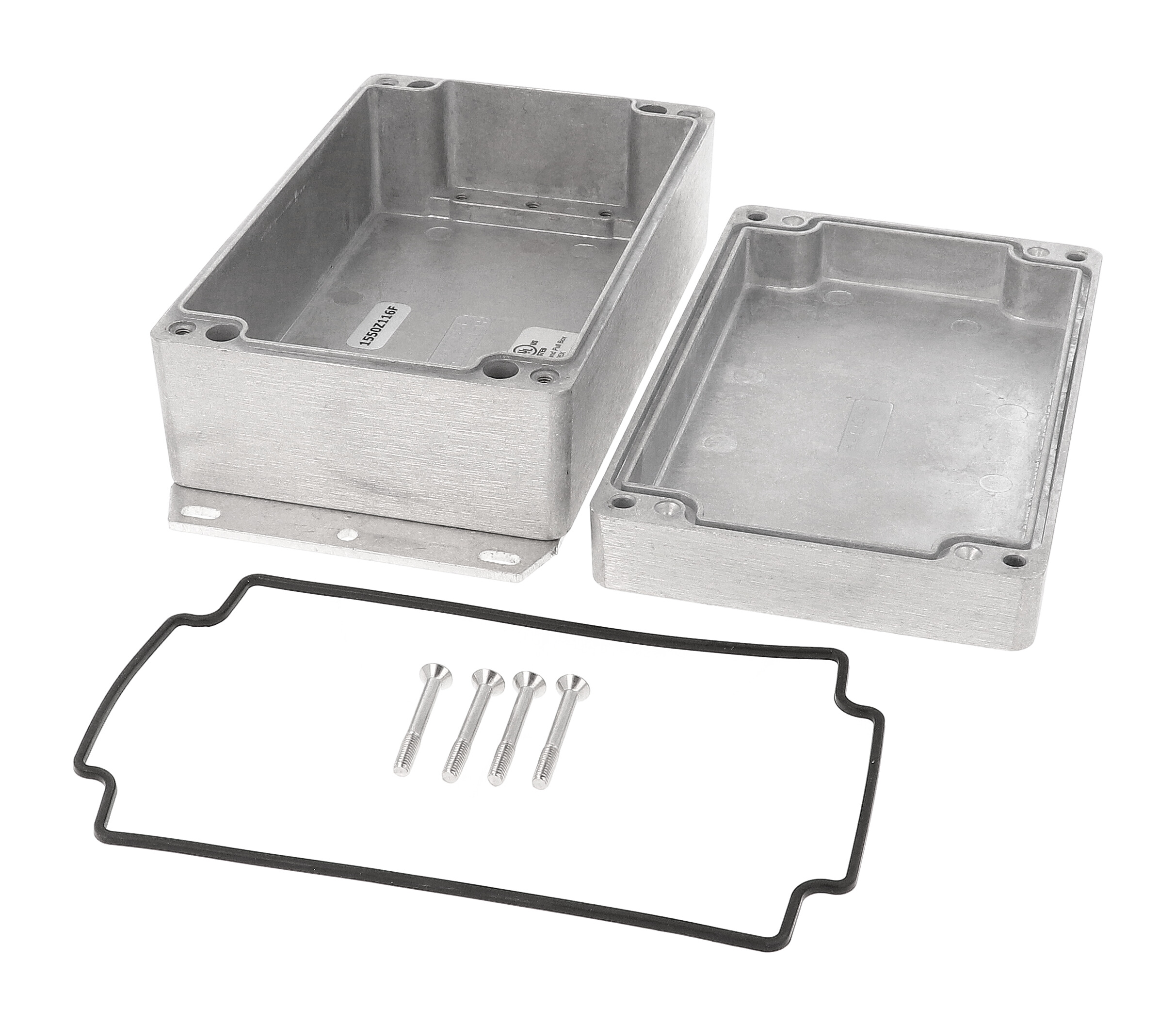 1550Z116F unpainted natural aluminum watertight diecast enclosure with flanged base and screw-down lid, 187x100x63 mm