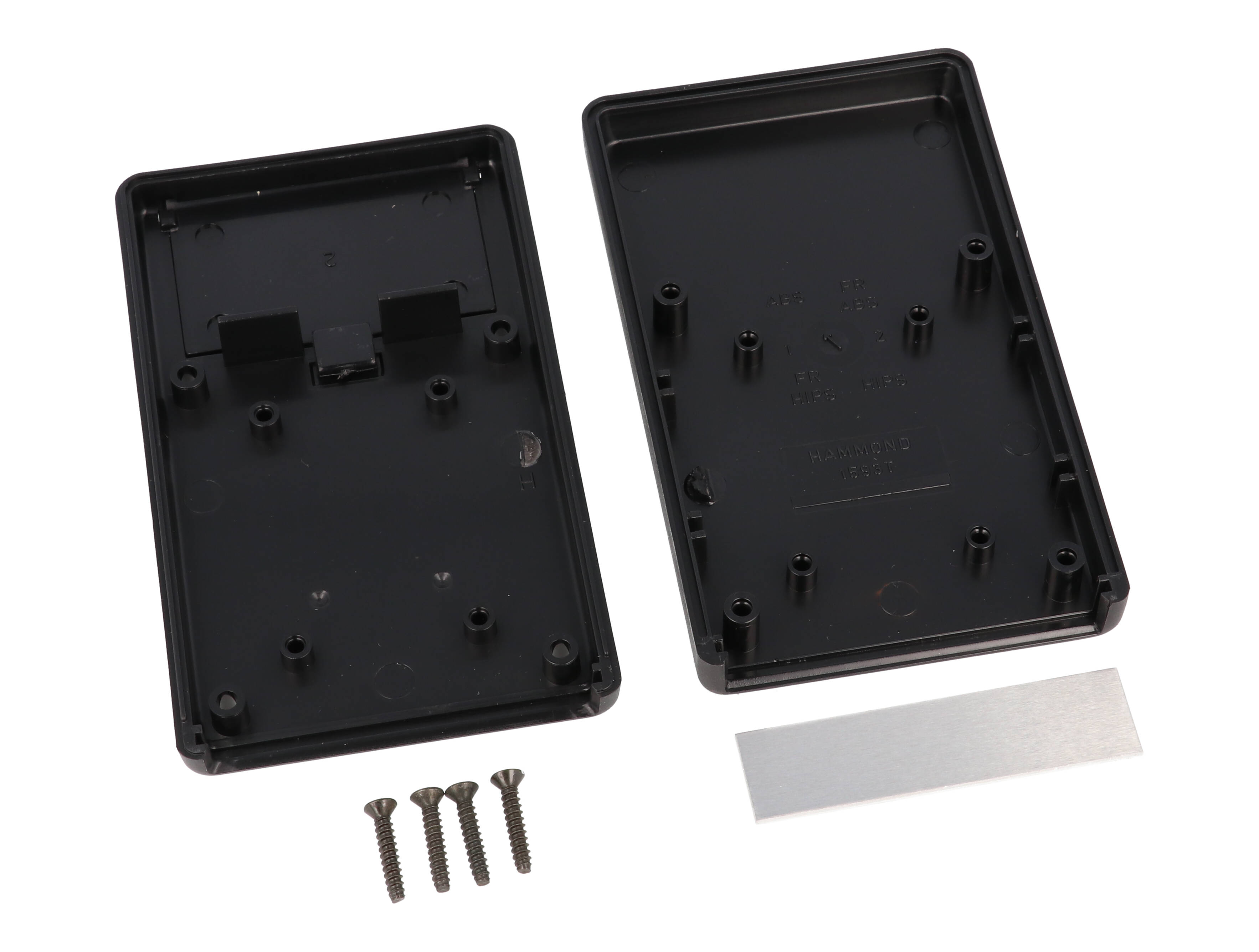 1593TALBK black ABS hand held instrument enclosure, 112 x 66.5 x 21 mm, with aluminum end panel and battery door