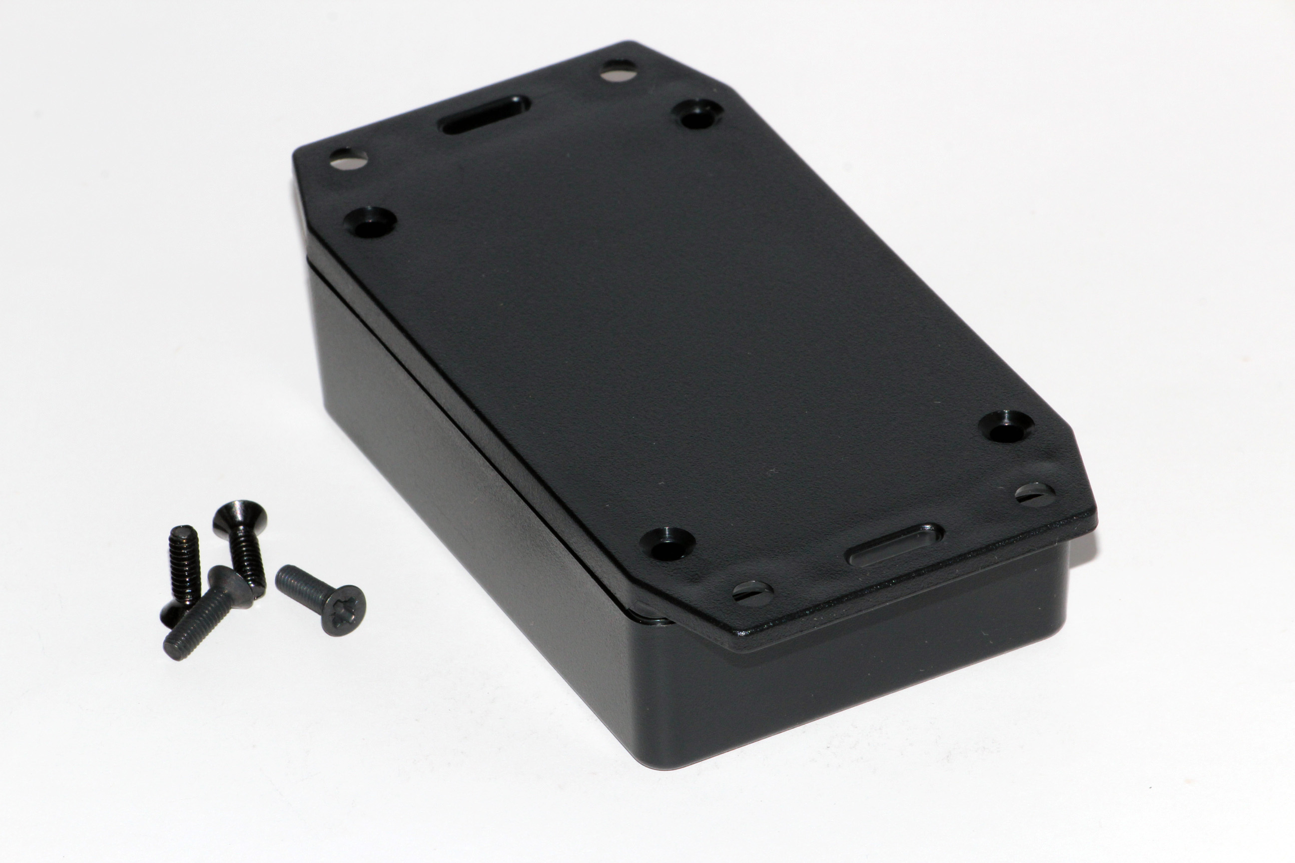 Hammond 1591XXMFLBK black ABS plastic enclosure with flanged lid, 1591XXM size, box and lid shown