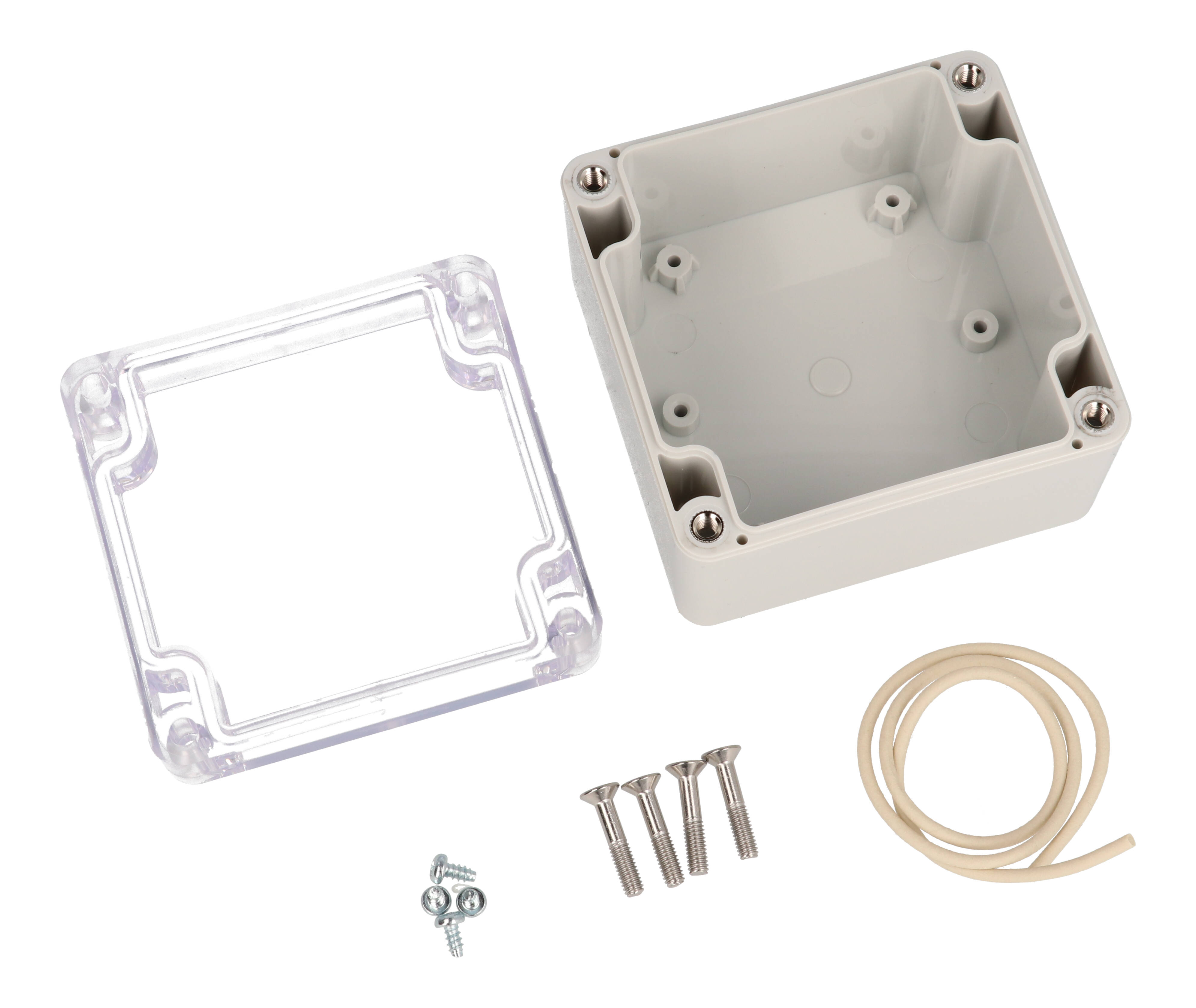 RZ0256C polycarbonate water-tight enclosure with clear lid, 82 x 80 x 55 mm