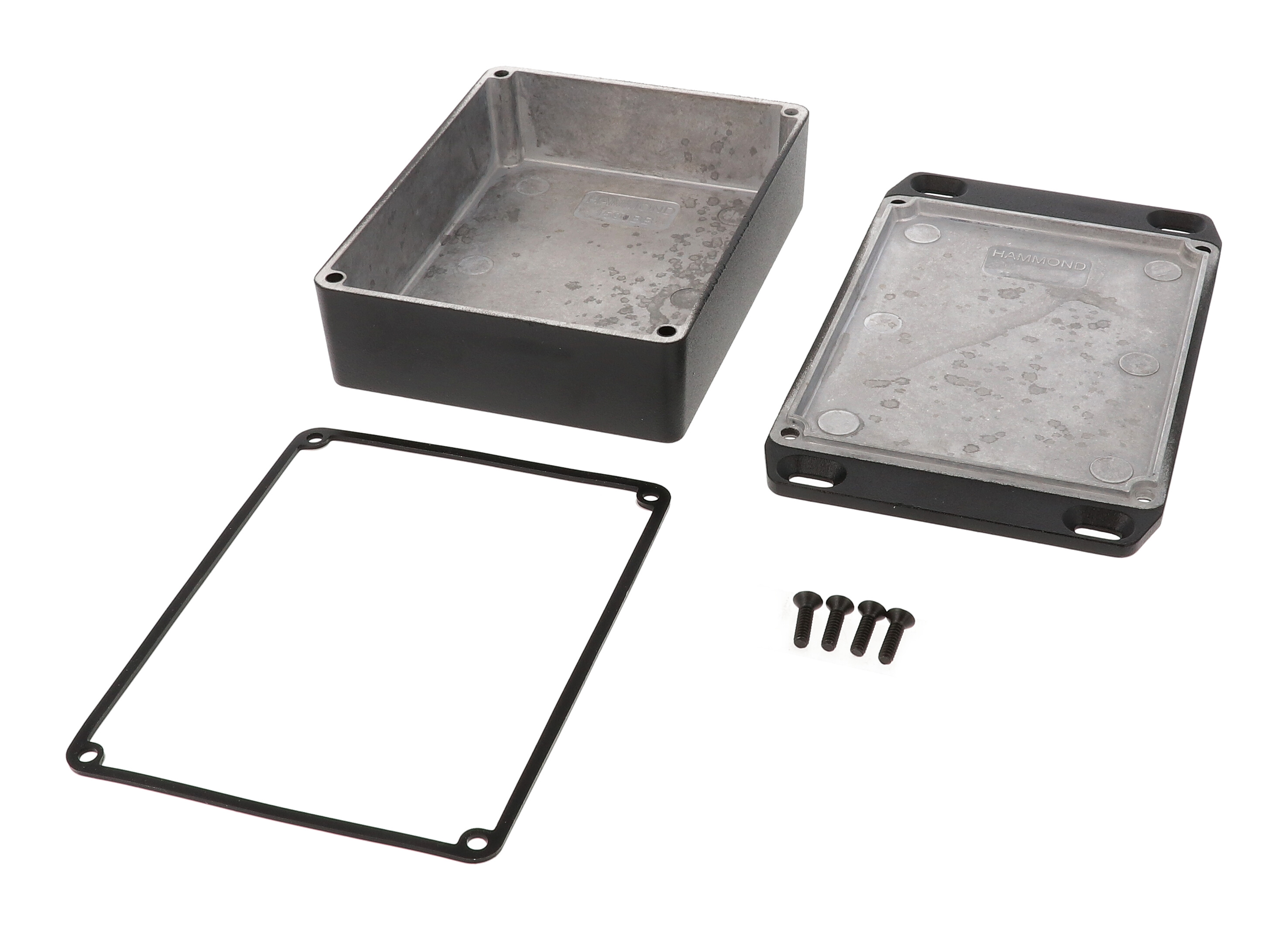 1590WBBFLBK black textured water-tight diecast aluminum enclosure with flanged mounting lid