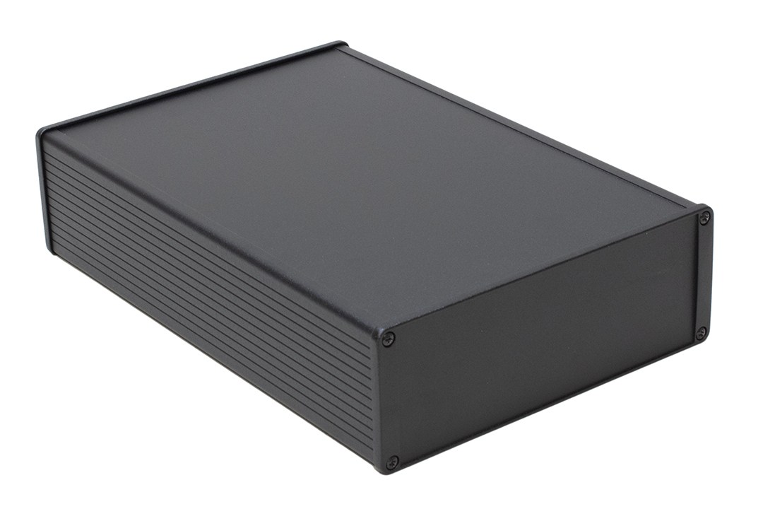 1457U2801BK — Enclosure, extruded aluminum, 7.52 x 2.68 x 11.02, flanged end panels, 1457 Series