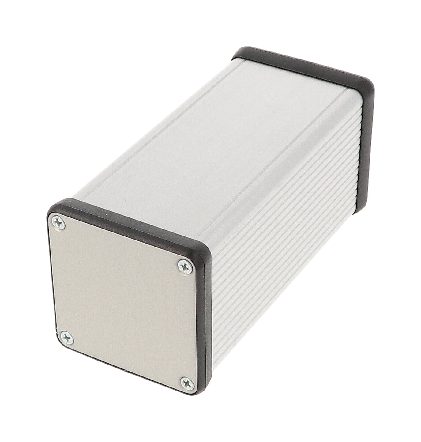 1455CS1201 clear anodized square extruded aluminum enclosure, 120 x 54 x 54 mm, with aluminum end panels and black open bezels