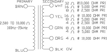 125GSE 25 watt single ended tube output transformer with 12 inch colour-coded leads