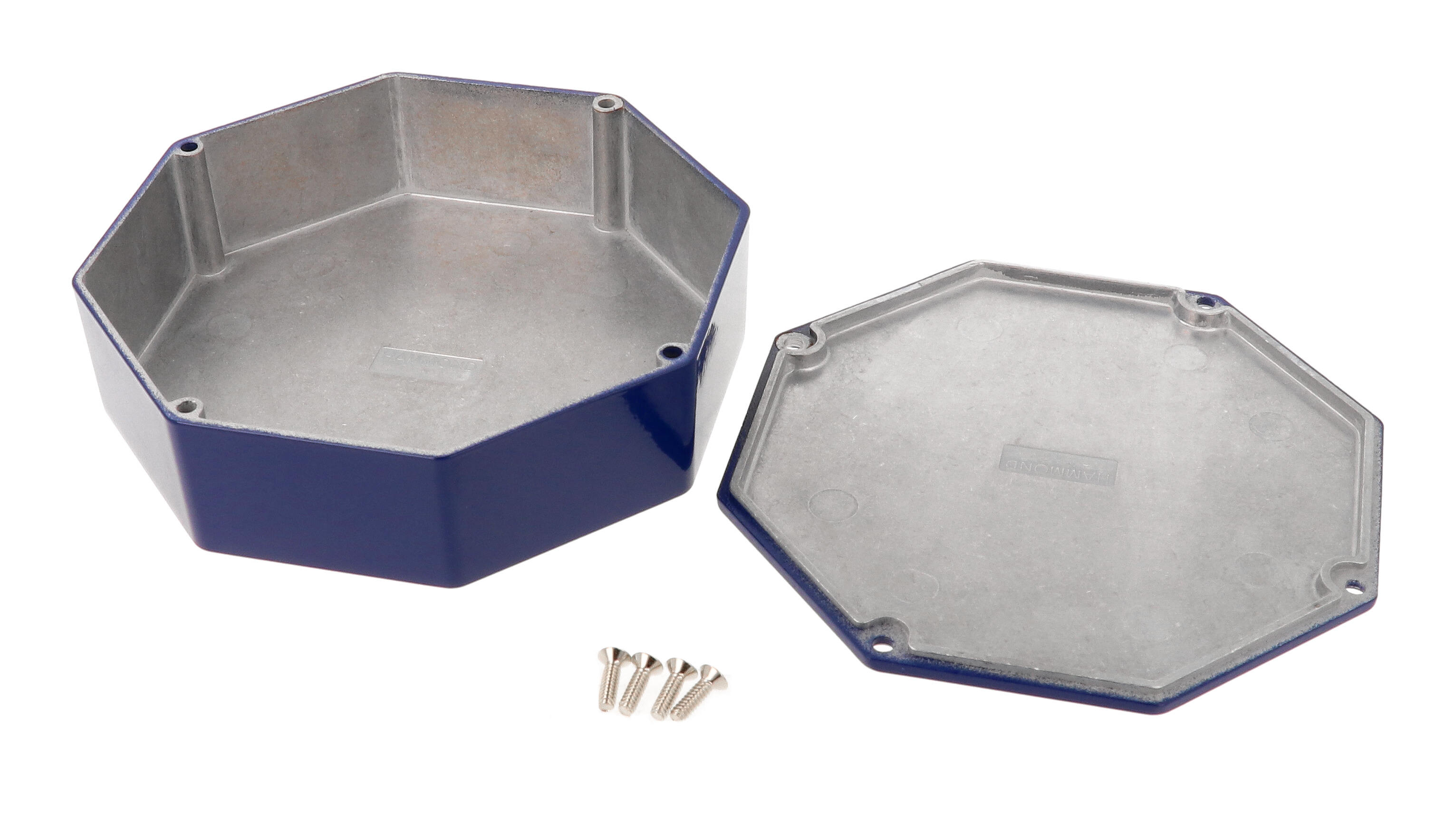 1590STPCCB cobalt blue painted diecast aluminum octagon stomp box enclosure with lid and cover screws