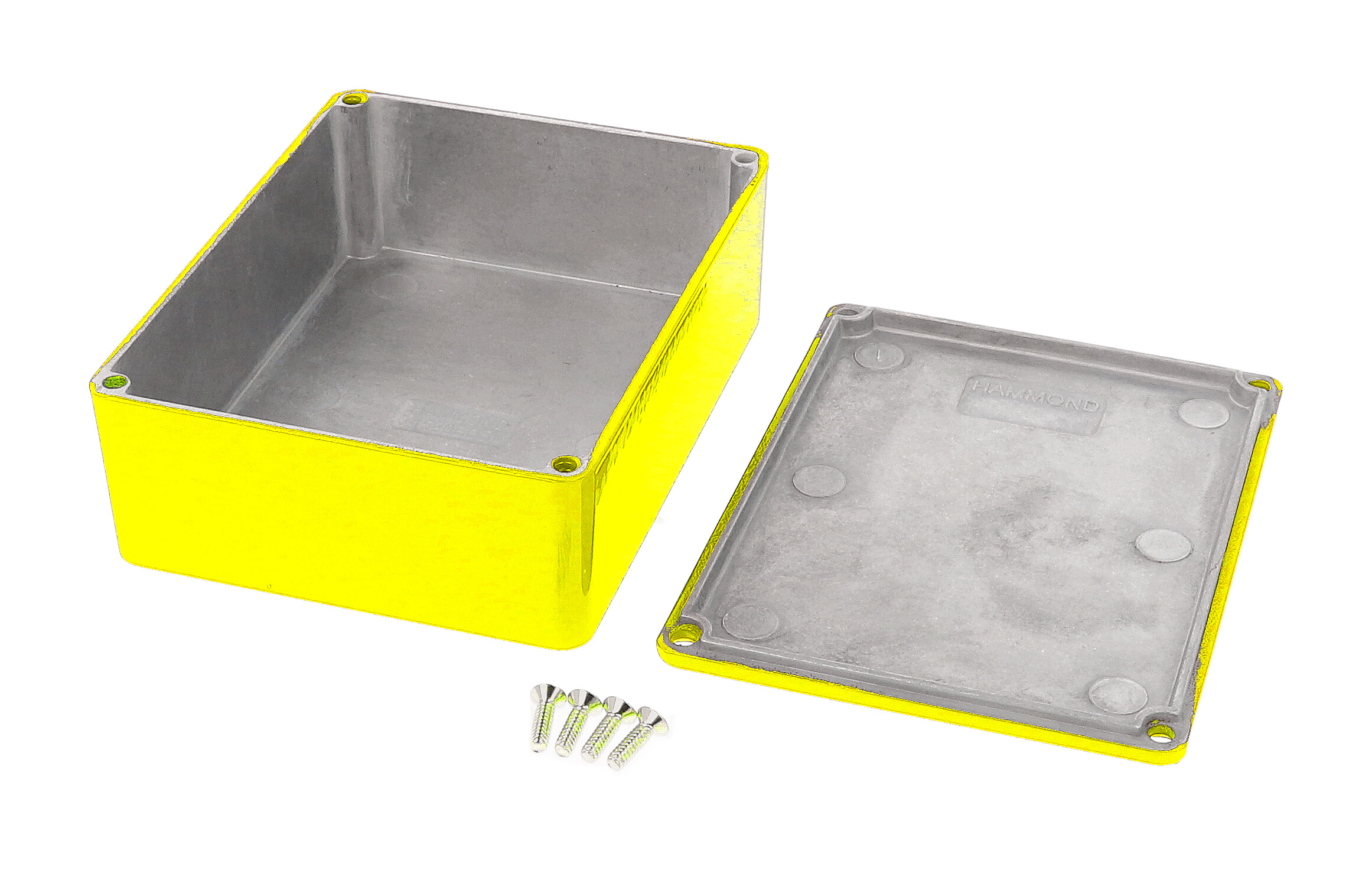 1590BBSYL yellow powder coated diecast aluminum stomp box enclosure, 120 x 94 x 42 mm, with lid