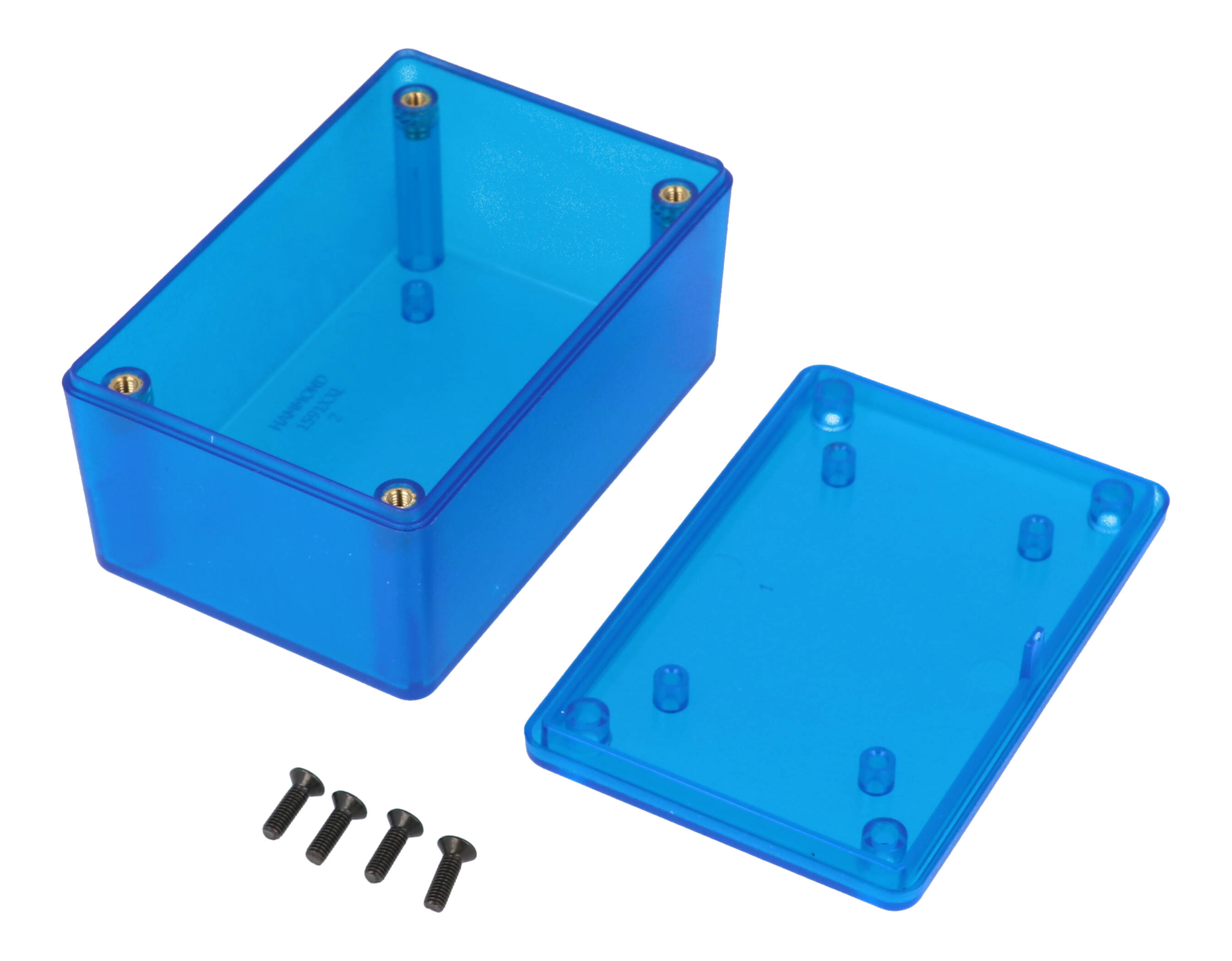 Hammond 1591XXLTBU transparent blue ABS plastic enclosure, 1591XXL size, box and lid shown