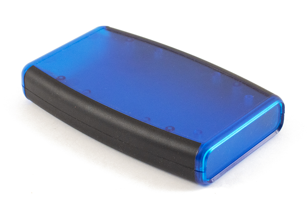 1553DTBUBKBAT translucent blue ABS hand held enclosure with black soft side overmold and battery door