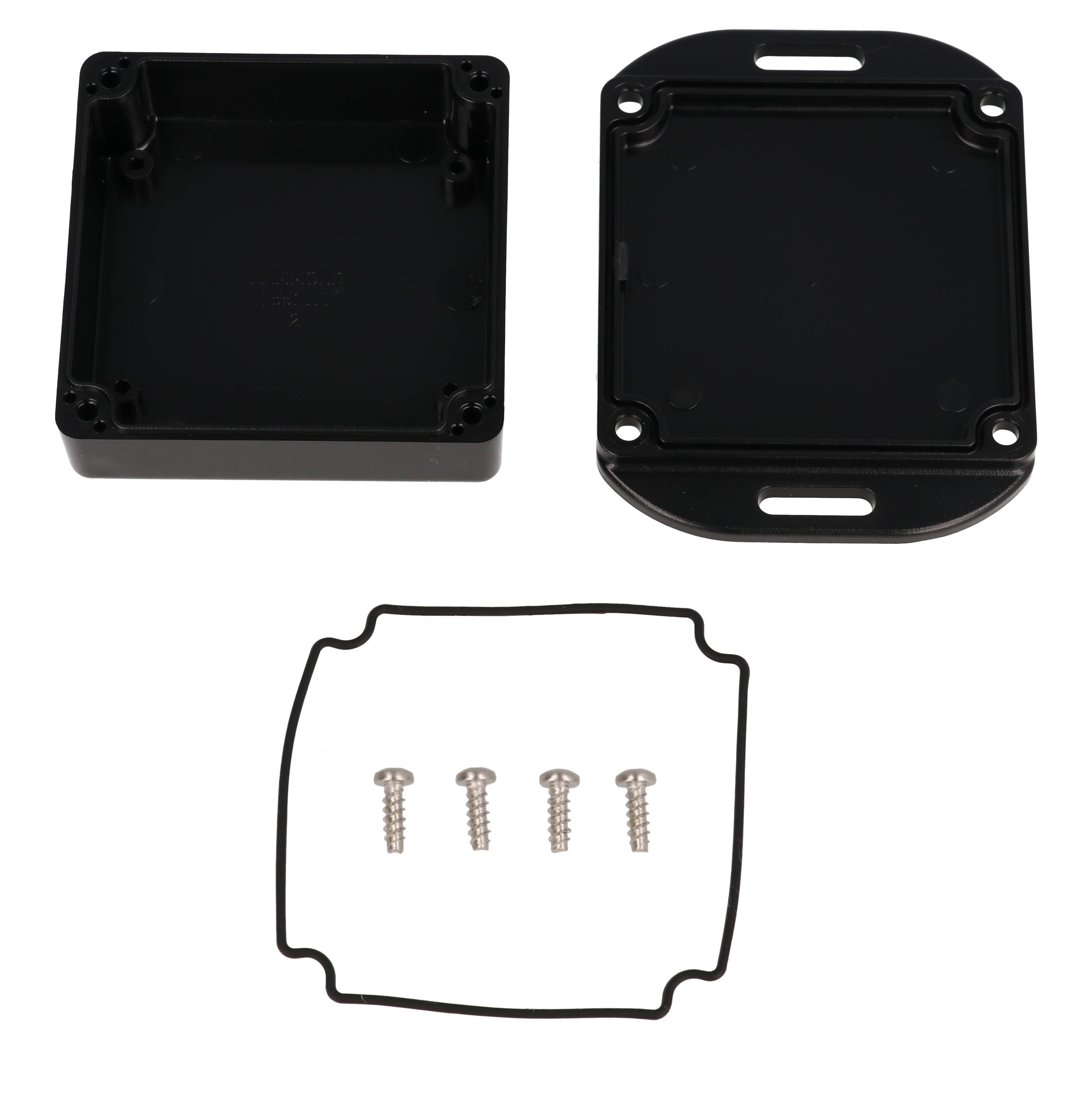 1551WTFLBK black 60 x 60 x 22 mm watertight polycarbonate enclosure with integrated mounting flanges