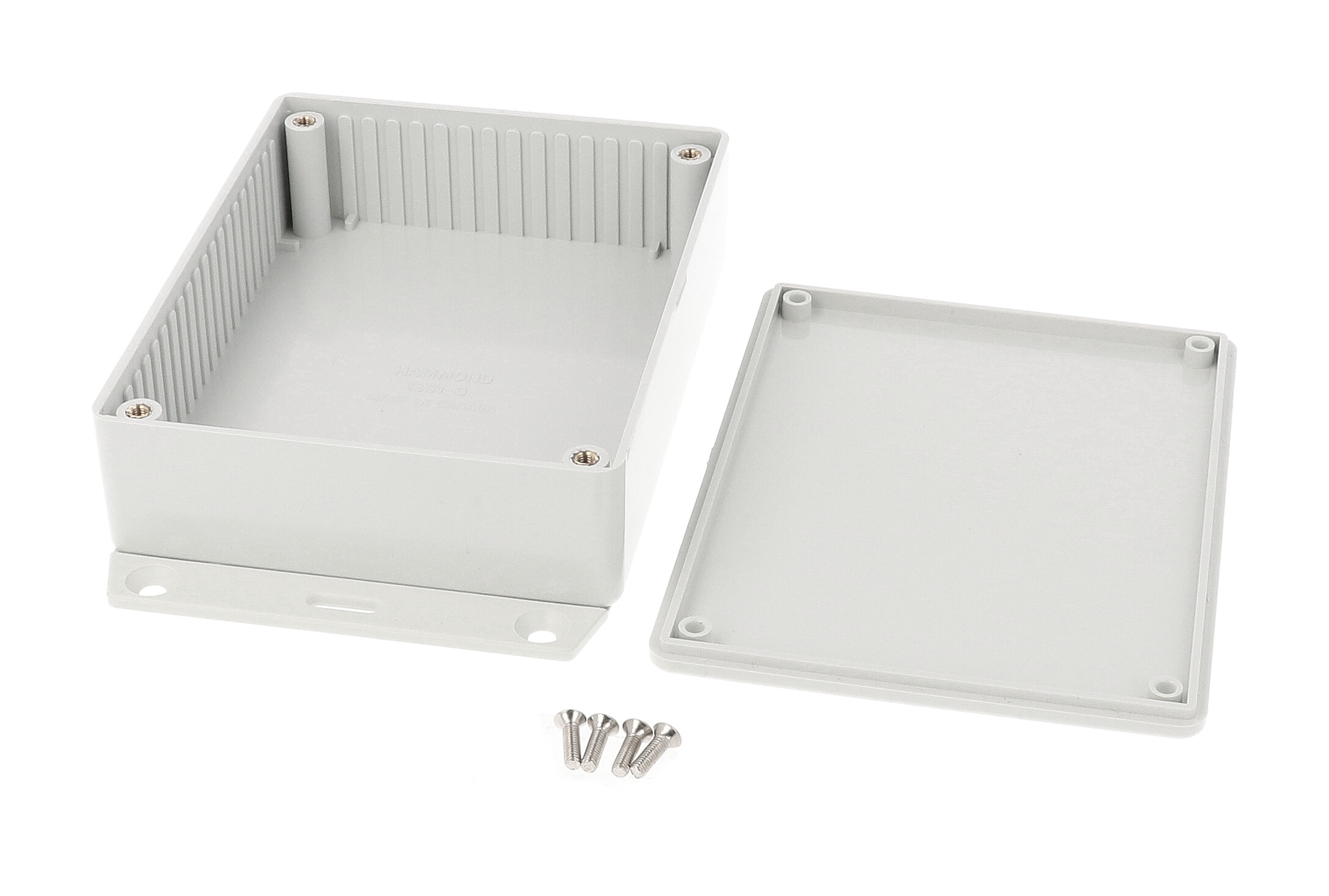 1591GF2GY light gray flame retardant ABS enclosure with bottom mounting flange