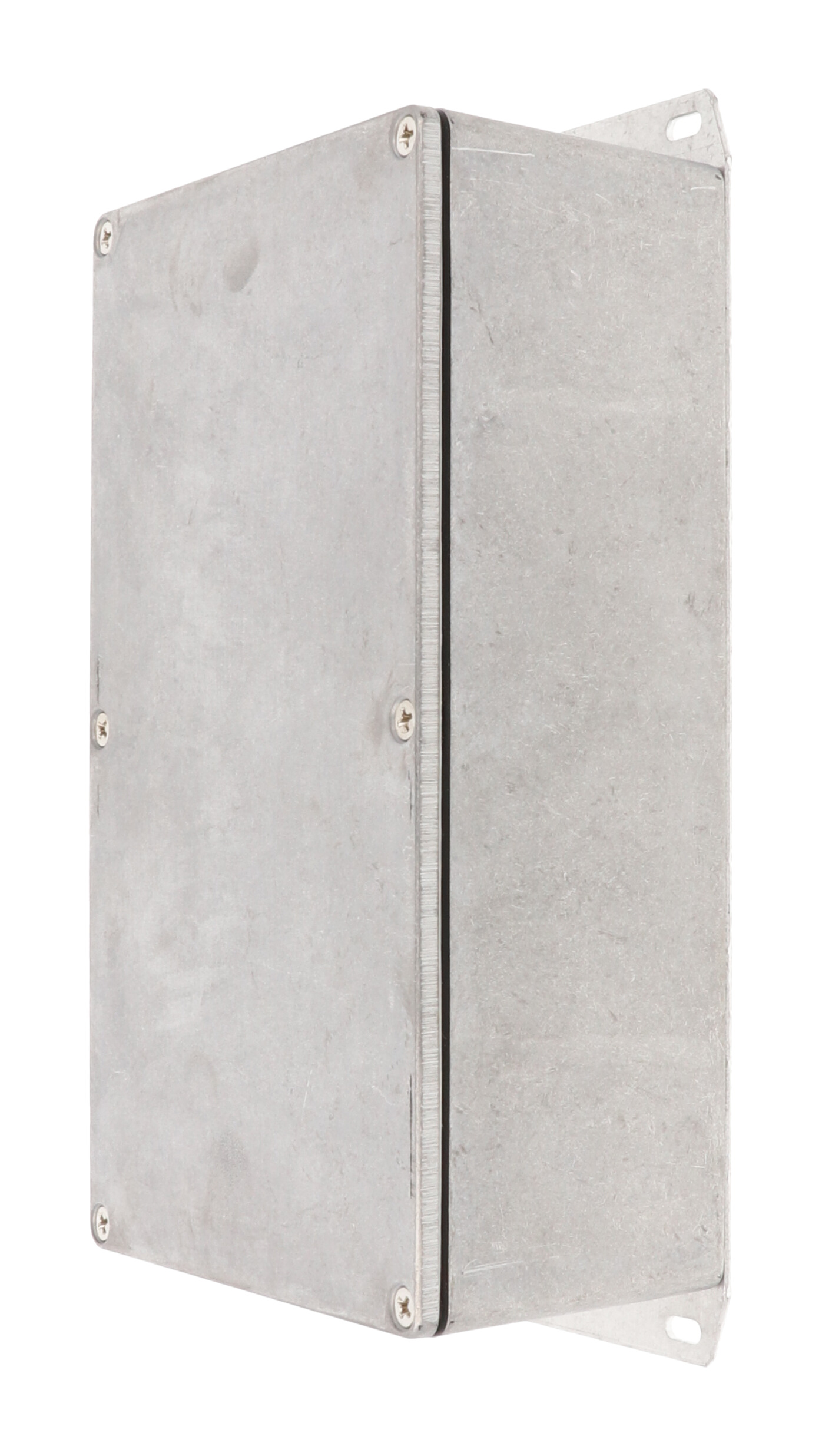 1590WR1F natural aluminum IP65 water-tight diecast aluminum enclosure with a welded flanged bottom plate, 192x112x61mm