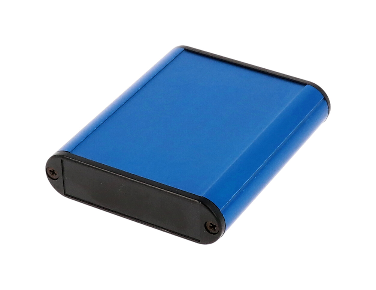 1455B802BU blue anodized extruded aluminum PC board enclosure, 80 x 72 x 19 mm, with plastic end panels