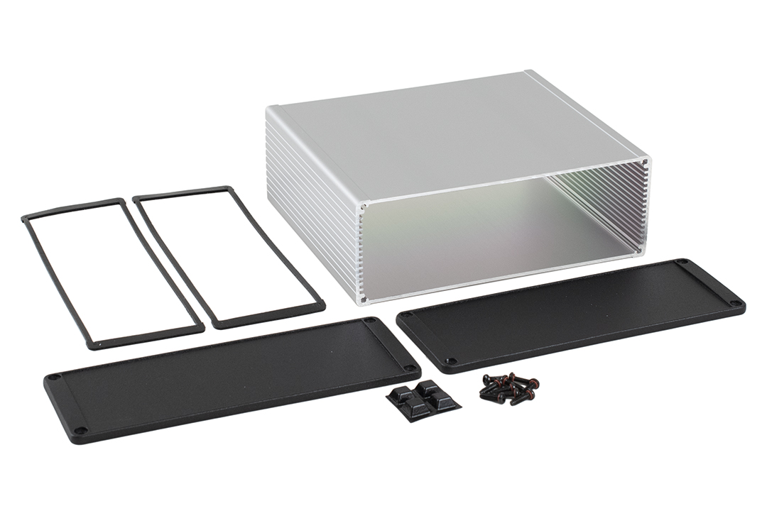 1457U1601 clear anodized extruded aluminum IP65 PC board enclosure, 160 x 191 x 68 mm, with black non-flanged end panels