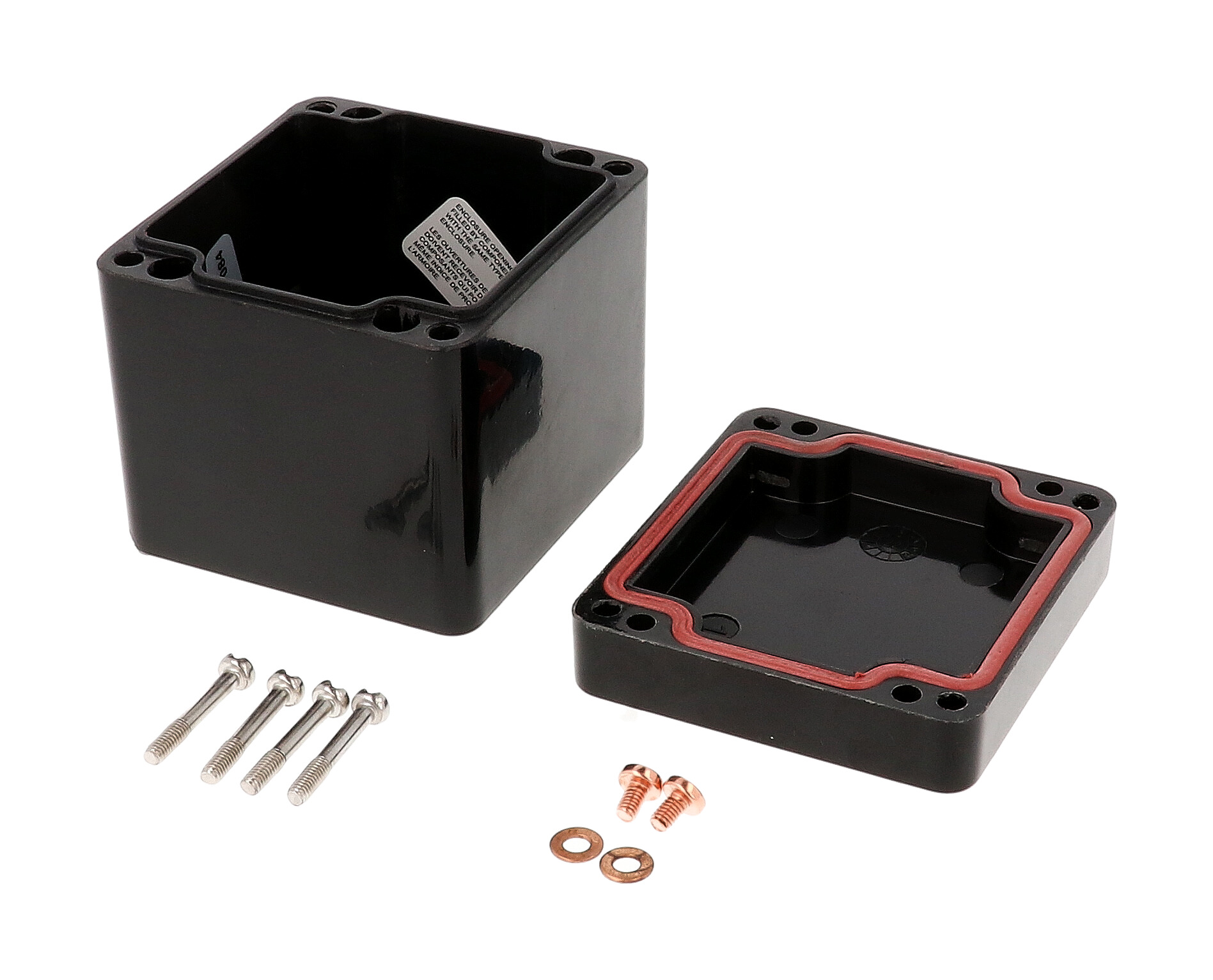 1590ZGRP084BK black glass reinforced polyester NEMA 4X enclosure, 80 x 75 x 75 mm, with gasketed screw-down lid