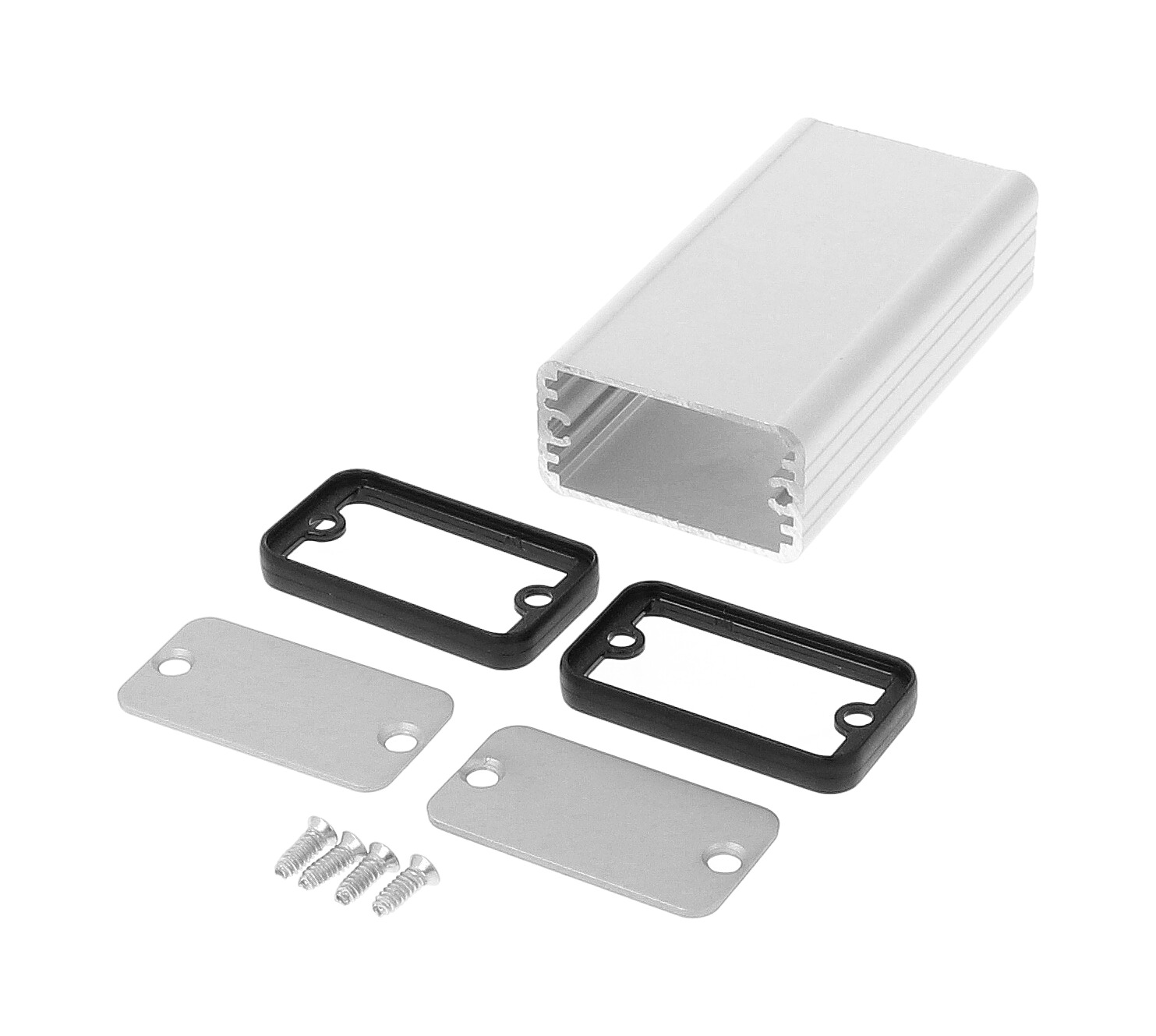 1455D801 clear anodized extruded aluminum enclosure, 80 x 45 x 25 mm, with aluminum end panels and black open bezels