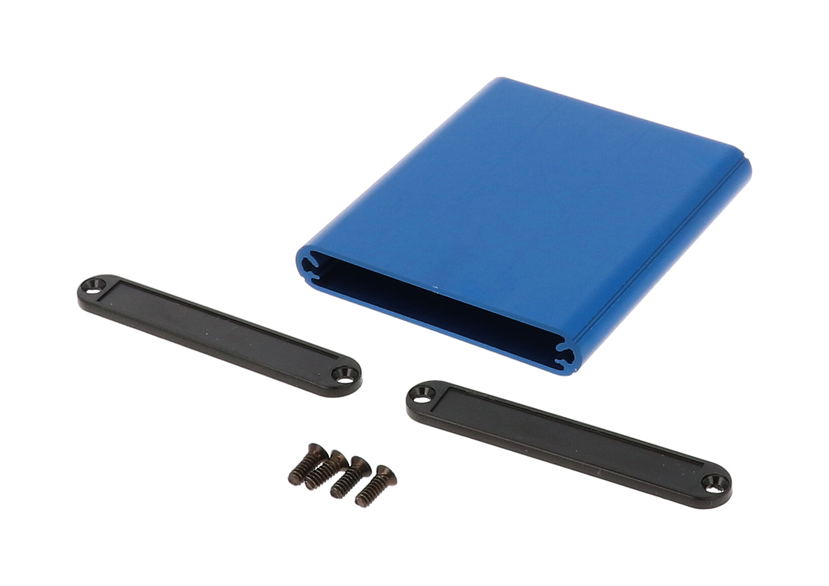 1455A802BU blue anodized extruded aluminum PC board enclosure, 80 x 70 x 12 mm, with black plastic end panels