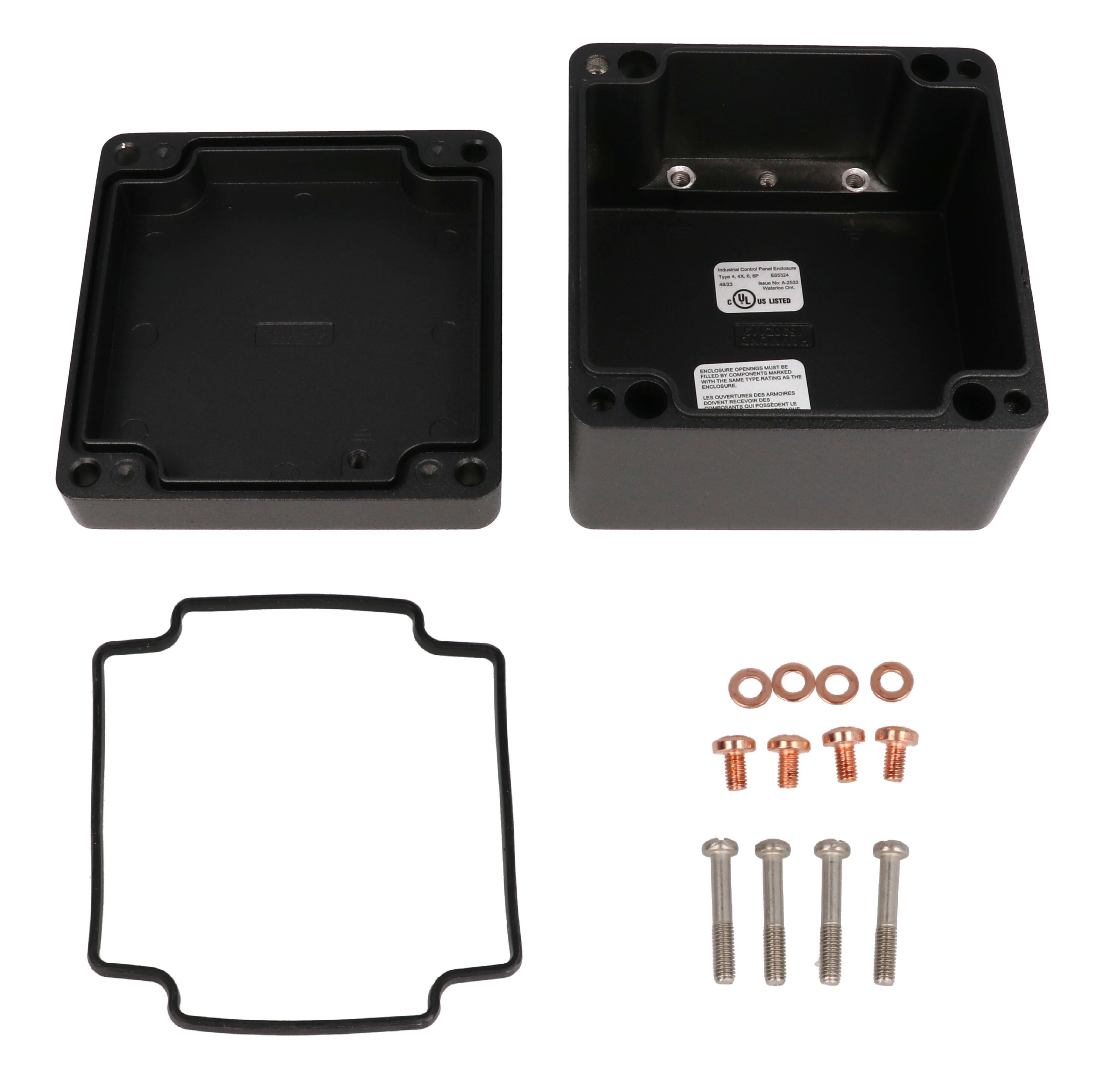 1590Z119BK textured black 122 x 120 x 82 mm heavy-duty diecast aluminum enclosure with gasketed lid