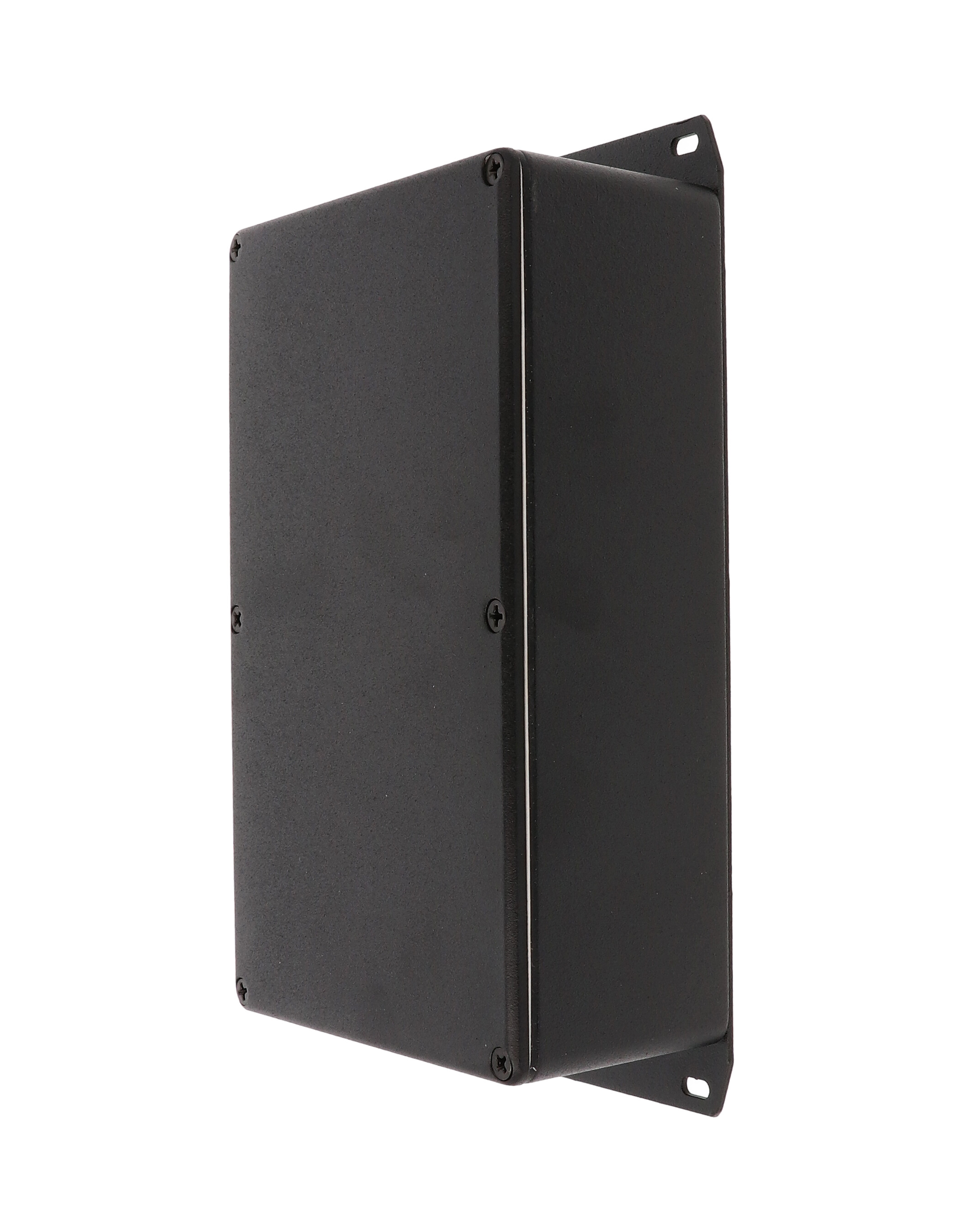 1590WDFBK textured black watertight diecast aluminum enclosure, 188 mm x 119 mm x 56 mm, with flanged bottom plate