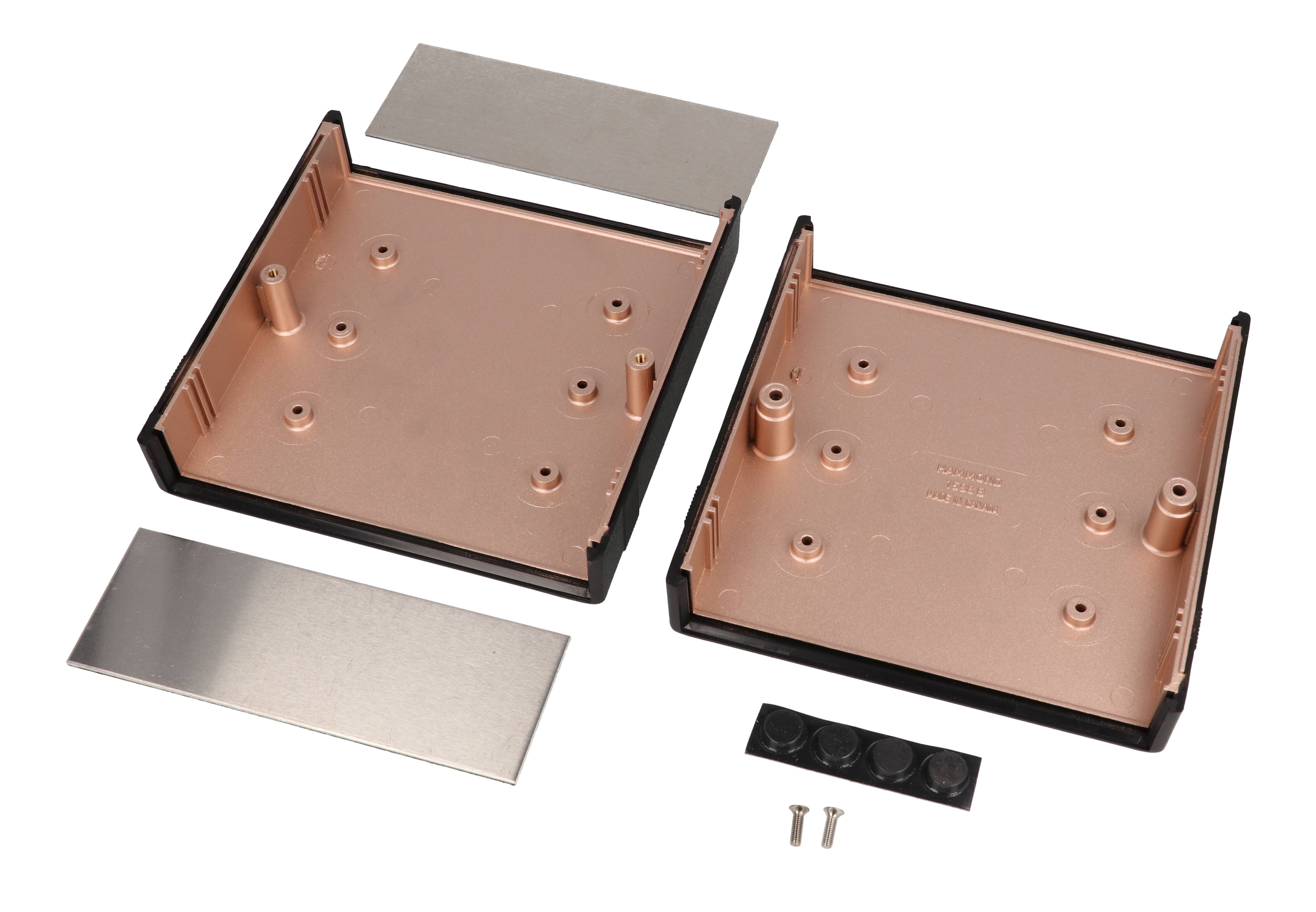 1598RBBK black ABS EMI/RFI shielded instrument enclosure, 134 x 135 x 51 mm, with brushed aluminum end panels