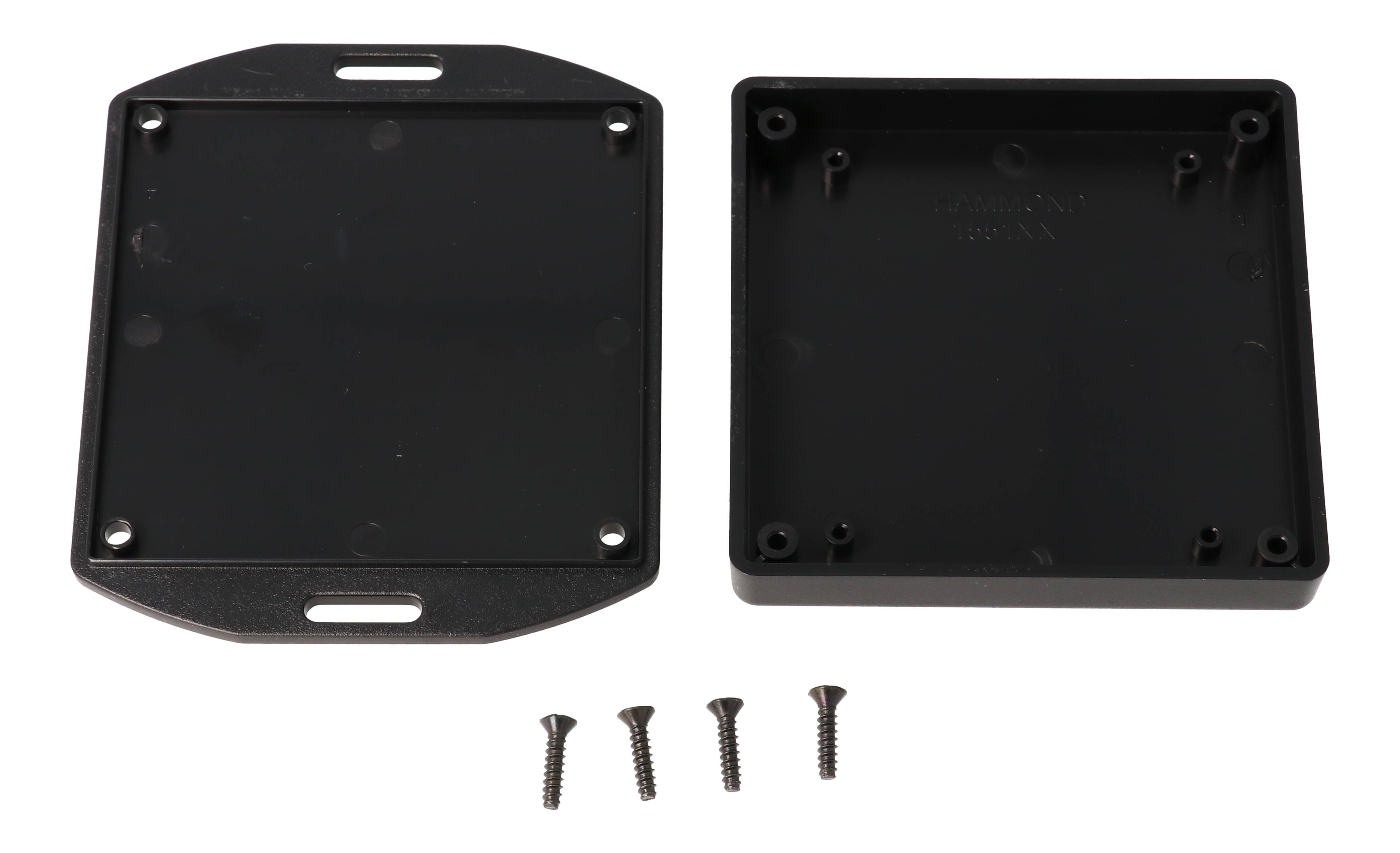 1551XXFLBK black ABS miniature enclosure, 80 x 80 x 15 mm, with flanged lid