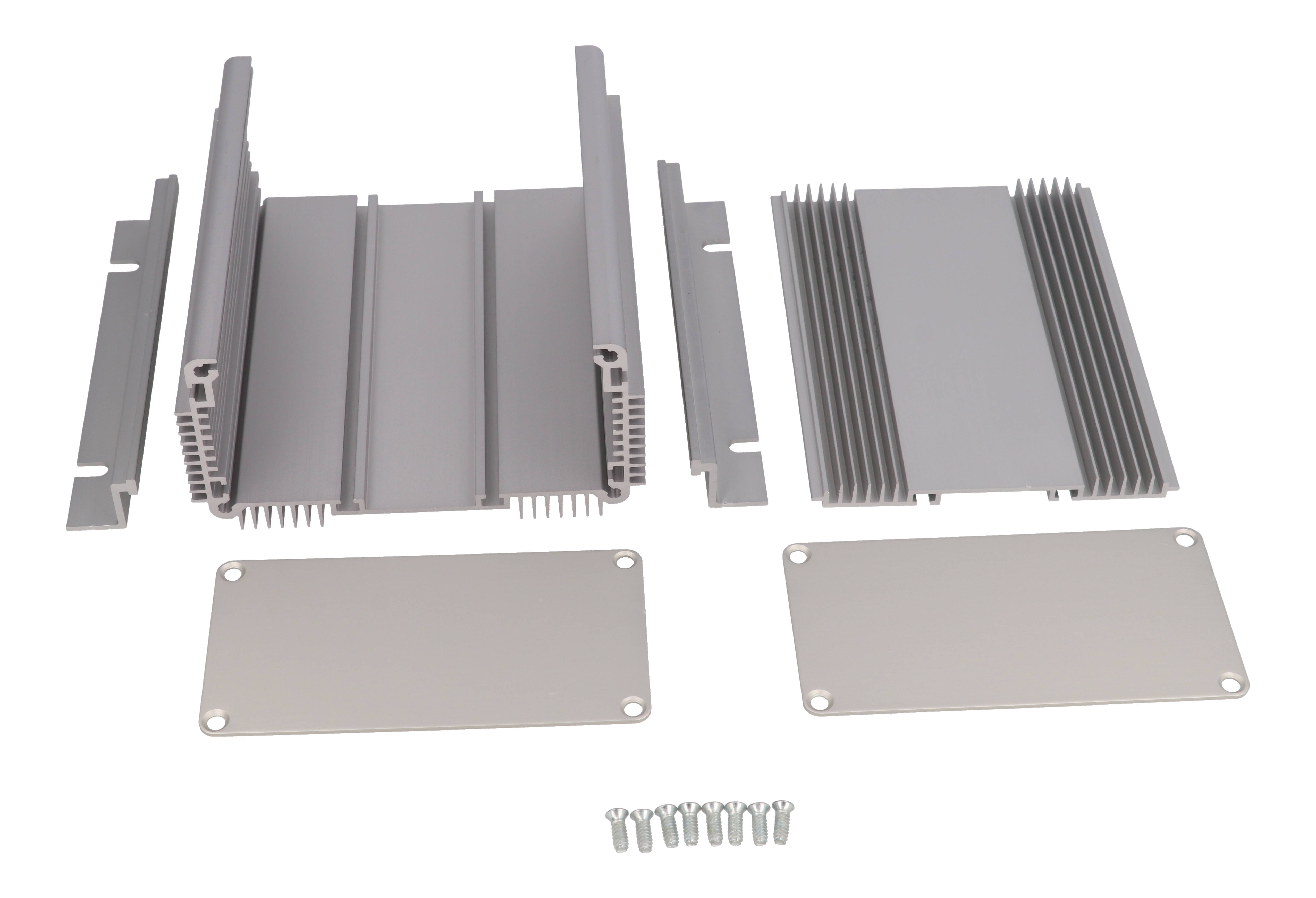 1455NHD1201 clear anodized finned heat dissipating extruded aluminum enclosure, 120 x 111 x 61 mm, with mounting flanges