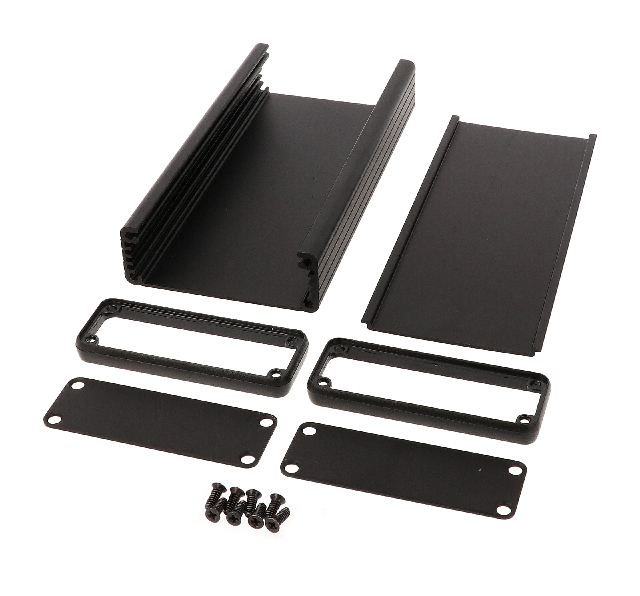 1455J1601BK black anodized extruded aluminum enclosure, 160 x 78 x 27 mm, with aluminum end panels and open bezels